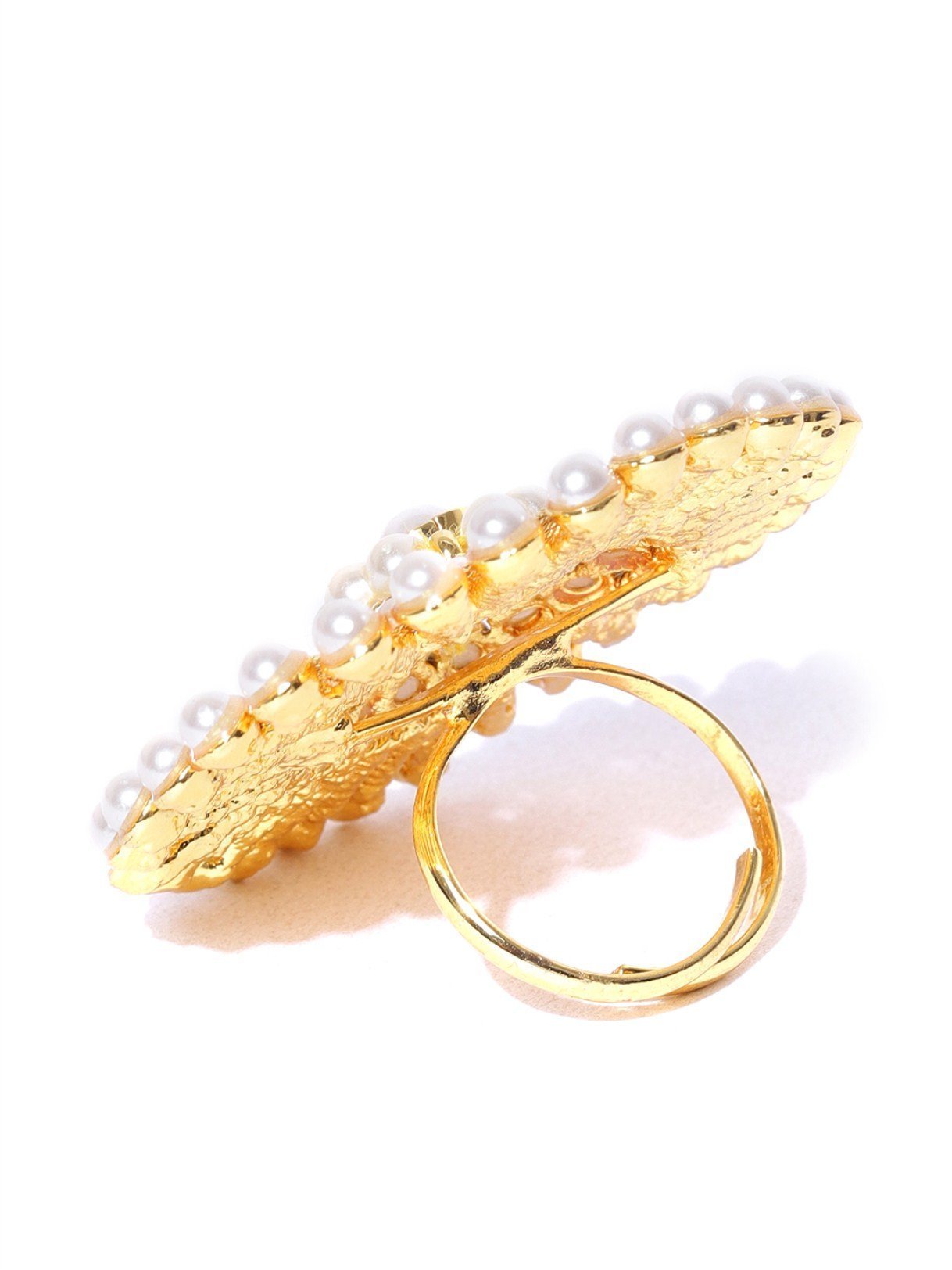 Women's Gold-Plated Pearls Studded Adjustable Ring in Floral Pattern - Priyaasi