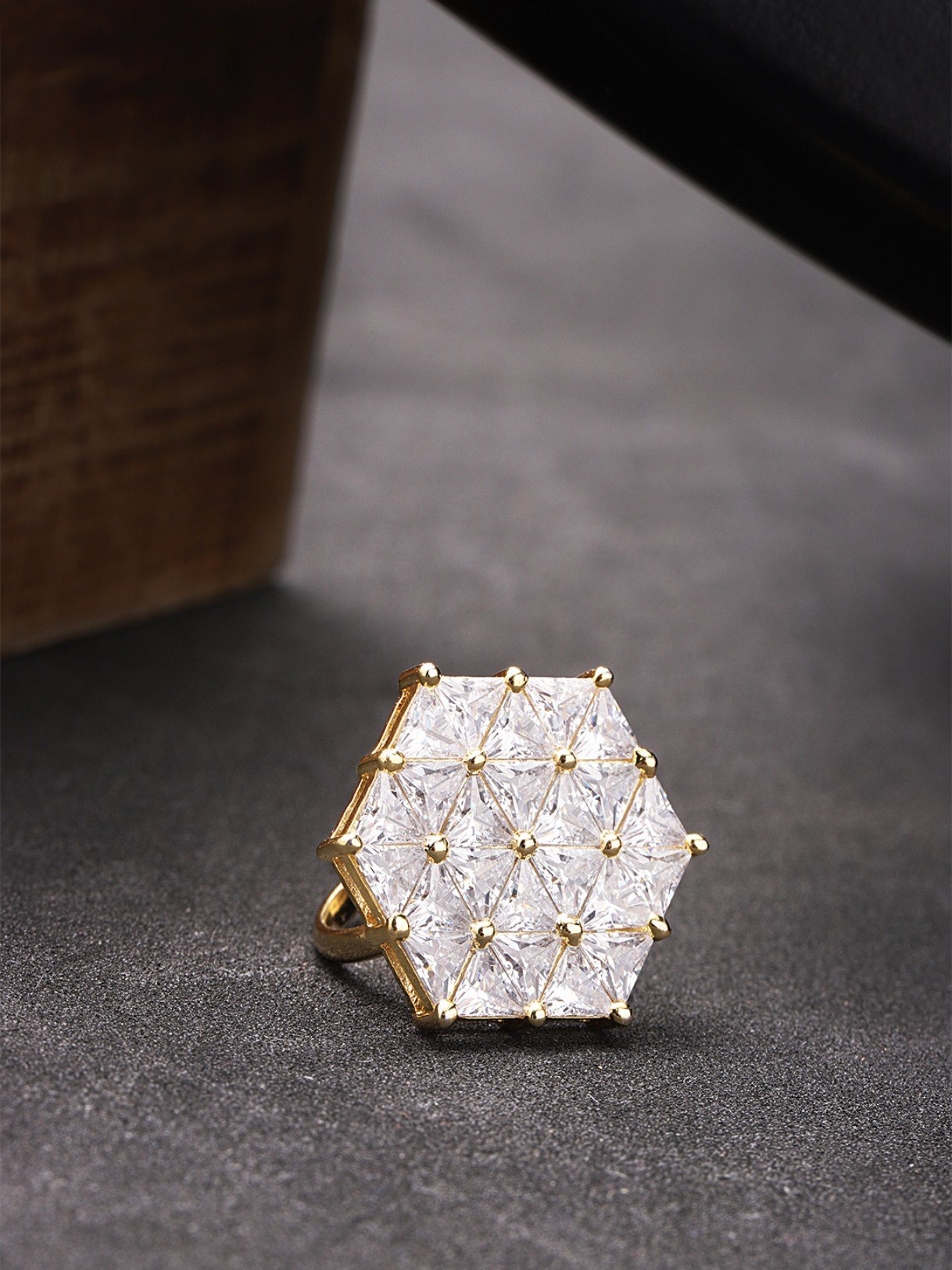 Women's Gold-Plated American Diamond Studded Adjustable Ring in Geometric Pattern - Priyaasi