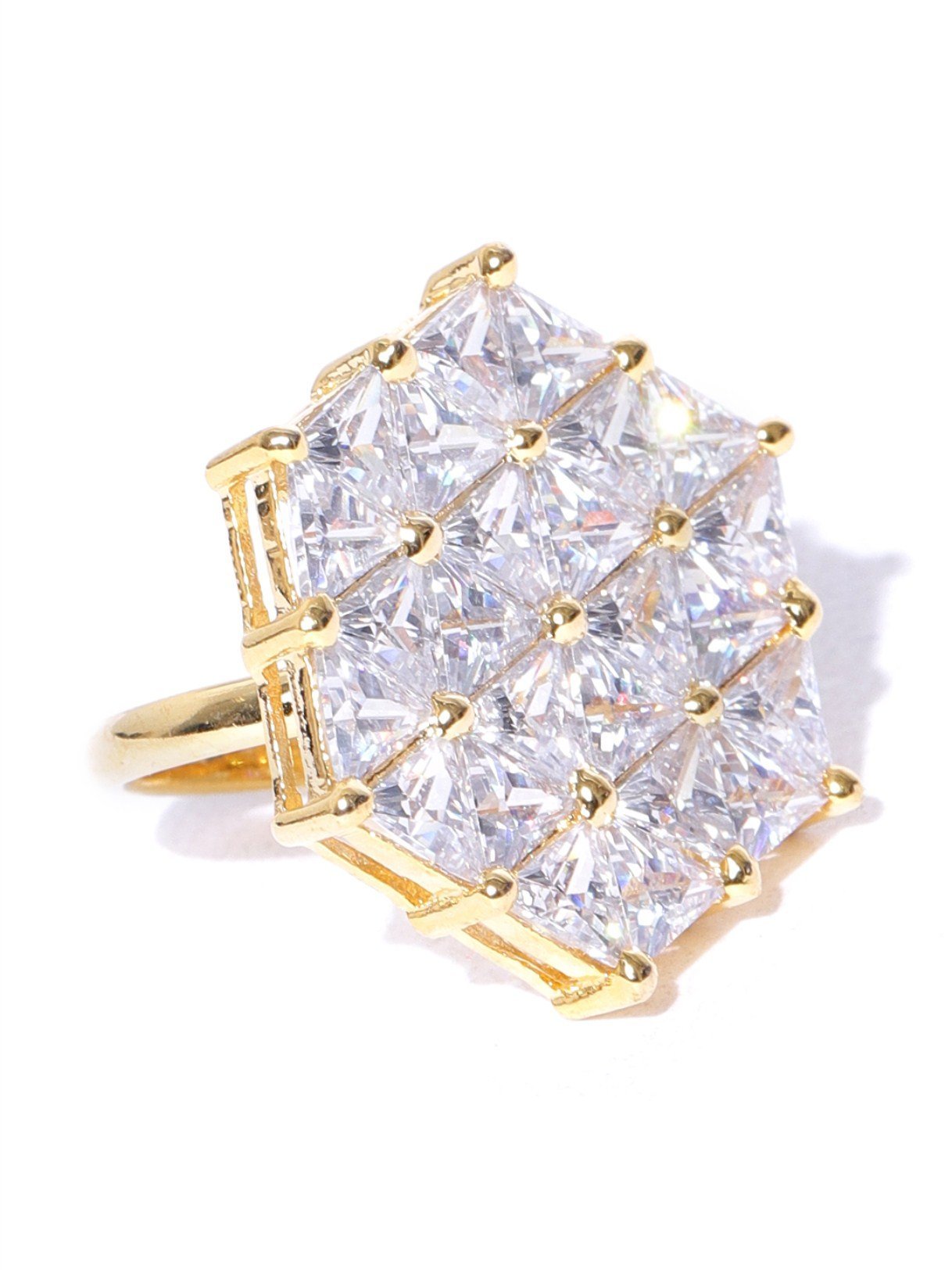 Women's Gold-Plated American Diamond Studded Adjustable Ring in Geometric Pattern - Priyaasi