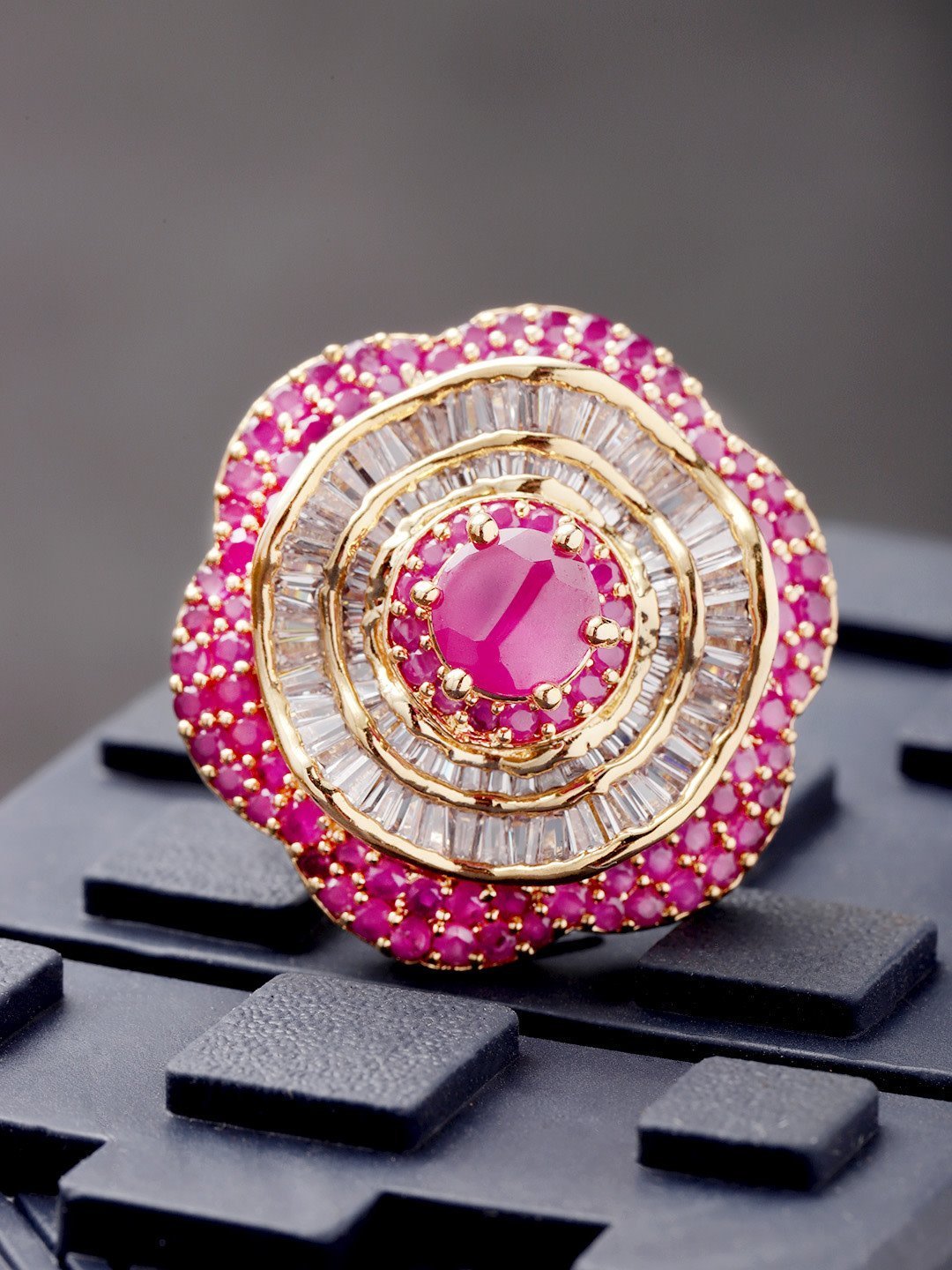 Women's Stylish Floral Shaped Pink And White American Diamond Ring For Women And Girls - Priyaasi