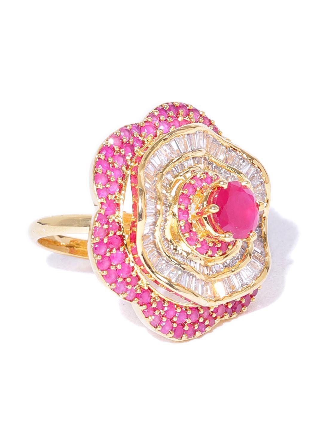 Women's Stylish Floral Shaped Pink And White American Diamond Ring For Women And Girls - Priyaasi