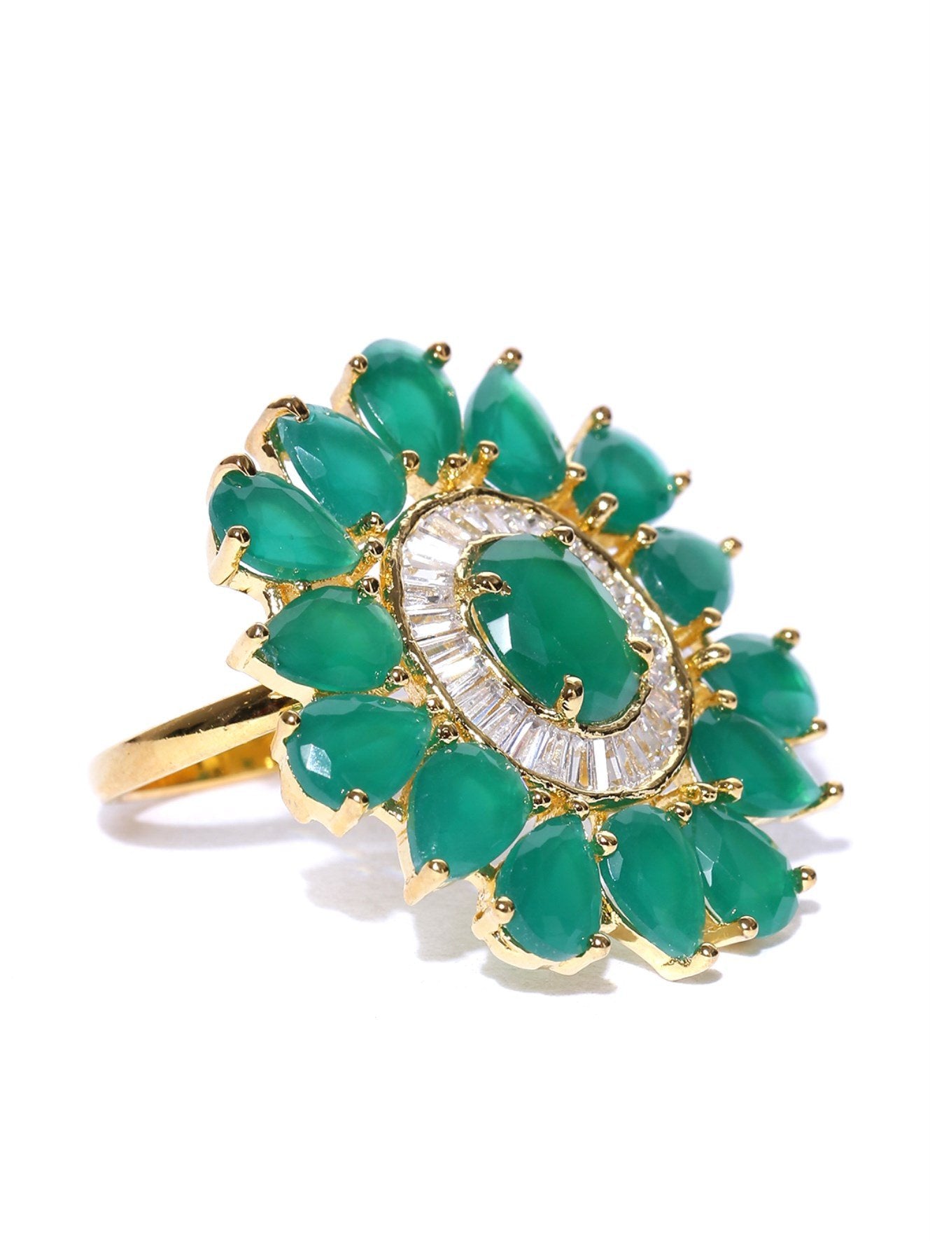 Women's Designer Emerald Stone Studded Gold Plated Green Floral Design Stylish Adjustable Ring For Women And Girls - Priyaasi
