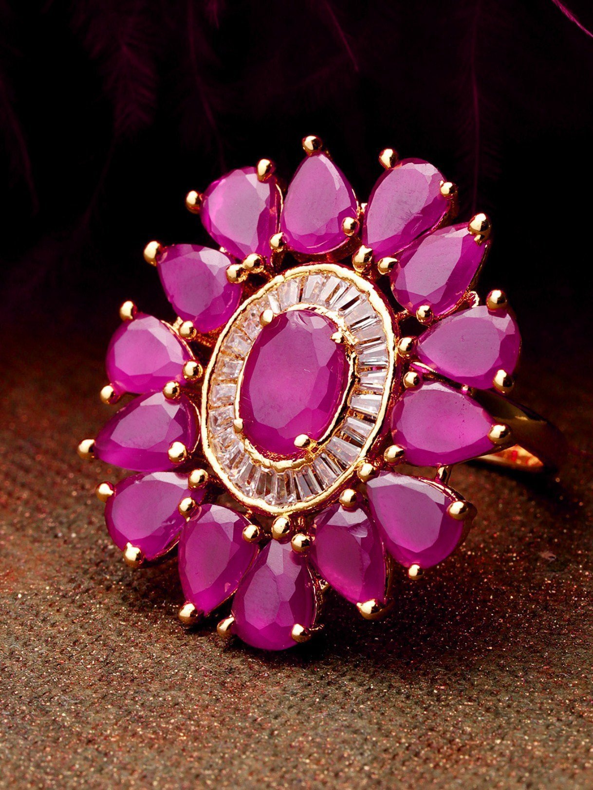 Women's Exclusive Floral Shaped Pink Colour American Diamond Ring For Women And Girls - Priyaasi