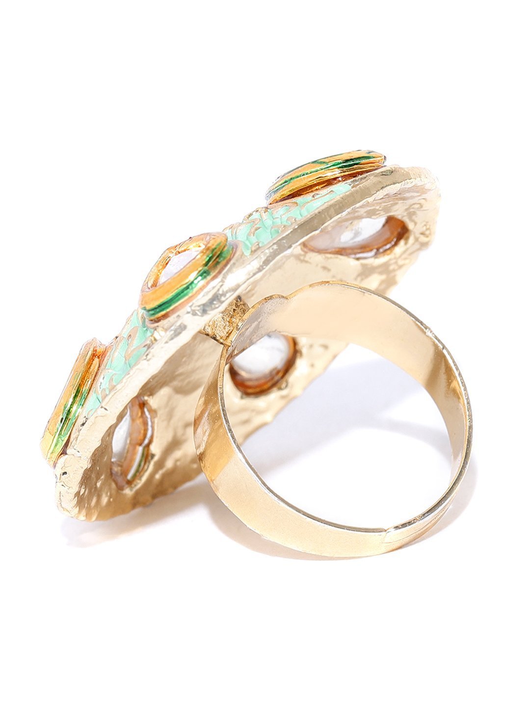 Women's Designer Gold Plated Kundan Studded Stylish Trendy Stylish Adjustable Mint Green Round Ring For Women And Girls - Priyaasi
