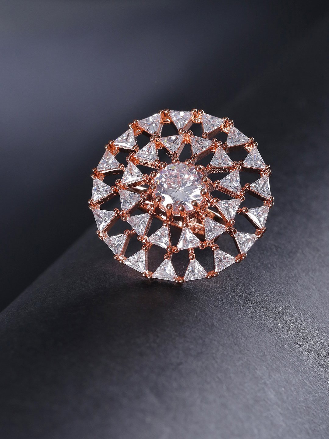 Women's Rose Gold-Plated American Diamond Studded Adjustable Ring in Geometric Pattern - Priyaasi