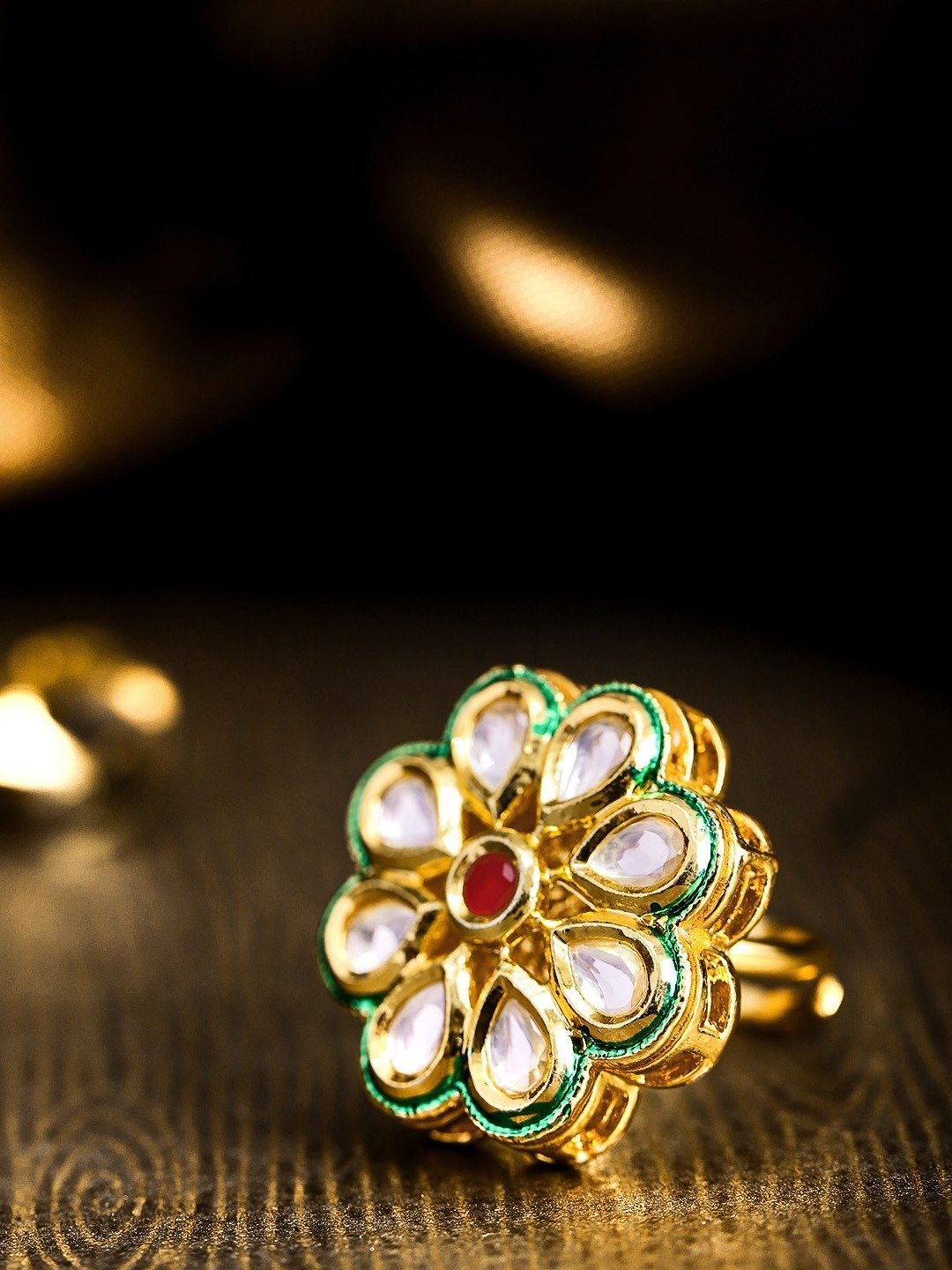 Women's Gold-Plated Kundan & Ruby Studded Adjustable Ring in Floral Pattern - Priyaasi