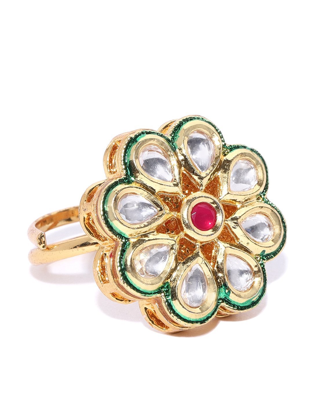 Women's Gold-Plated Kundan & Ruby Studded Adjustable Ring in Floral Pattern - Priyaasi