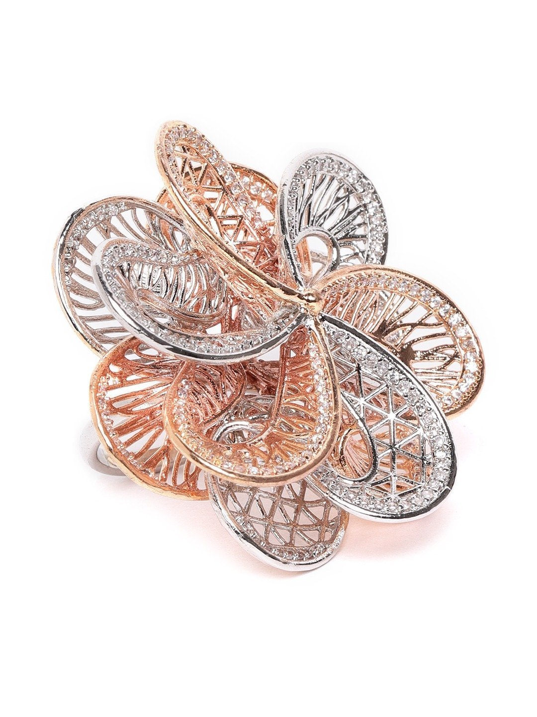 Women's Rose Gold and Silver Plated Studded Adjustable Finger Ring - Priyaasi