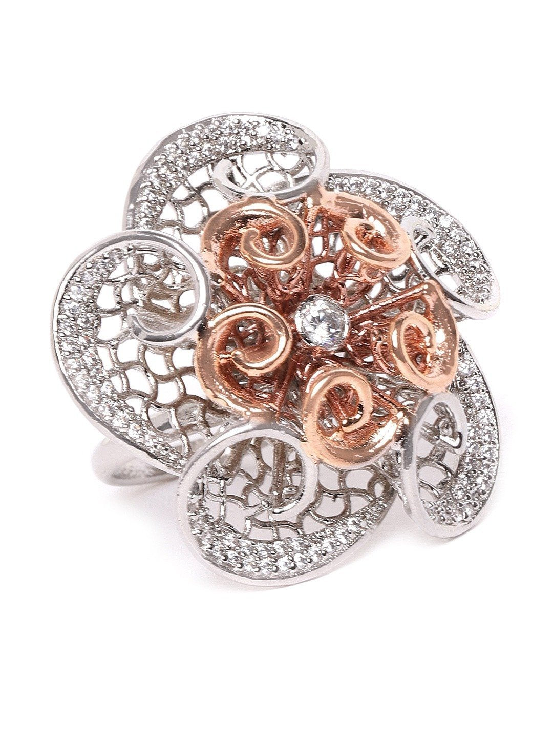 Women's Rose Gold and Silver Plated AD Studded Finger Ring - Priyaasi