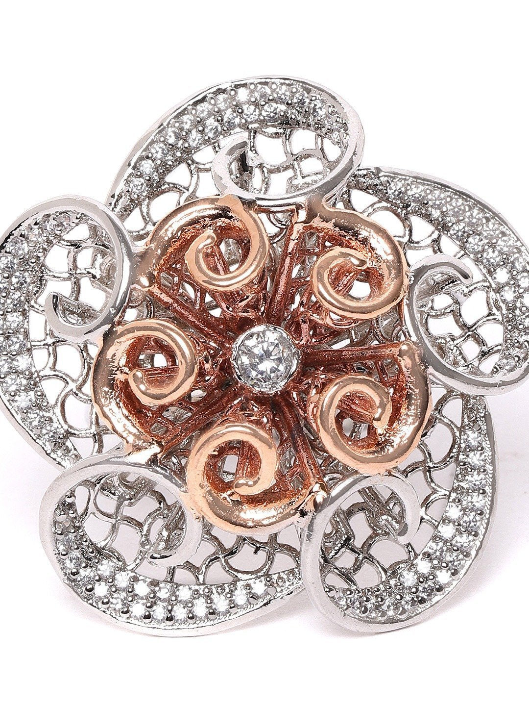 Women's Rose Gold and Silver Plated AD Studded Finger Ring - Priyaasi