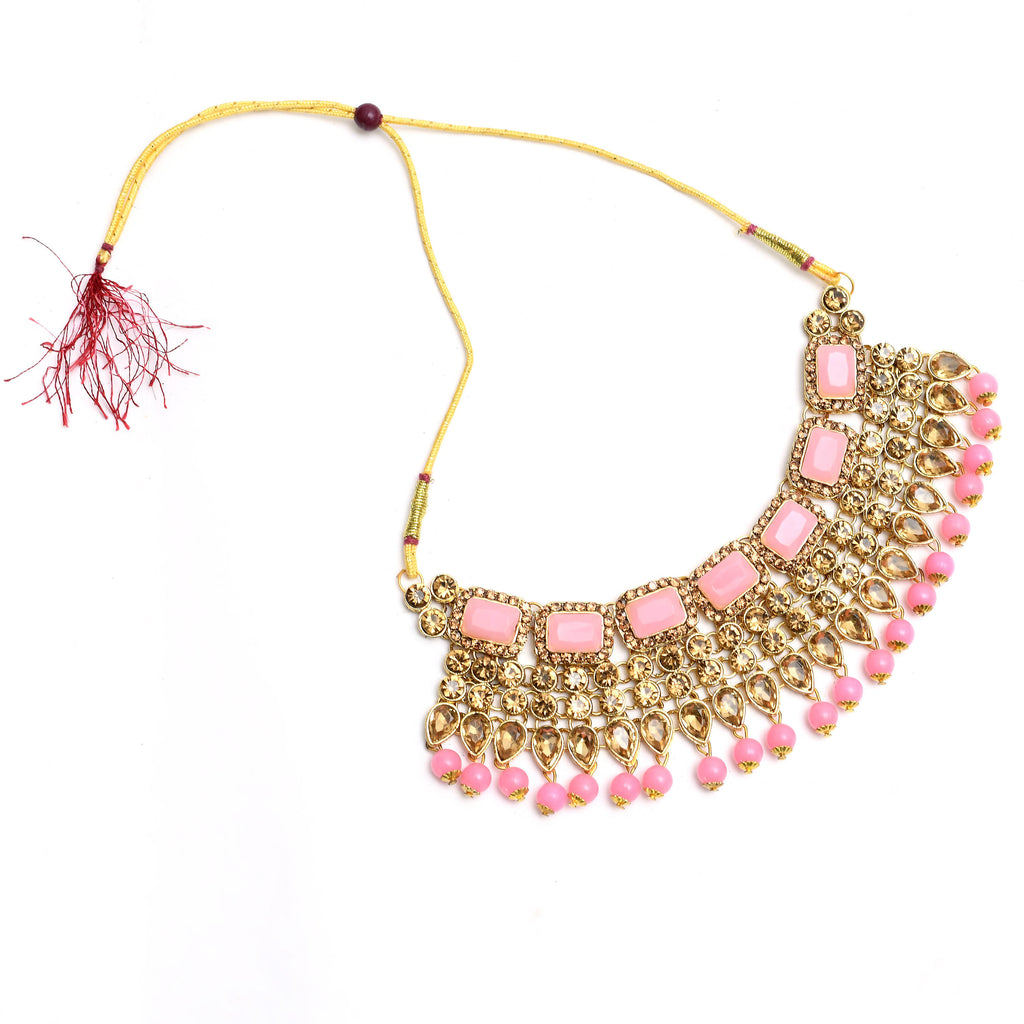 Kamal Johar Gold-Plated Stone & Pearls Baby Pink Necklace Set Mangal