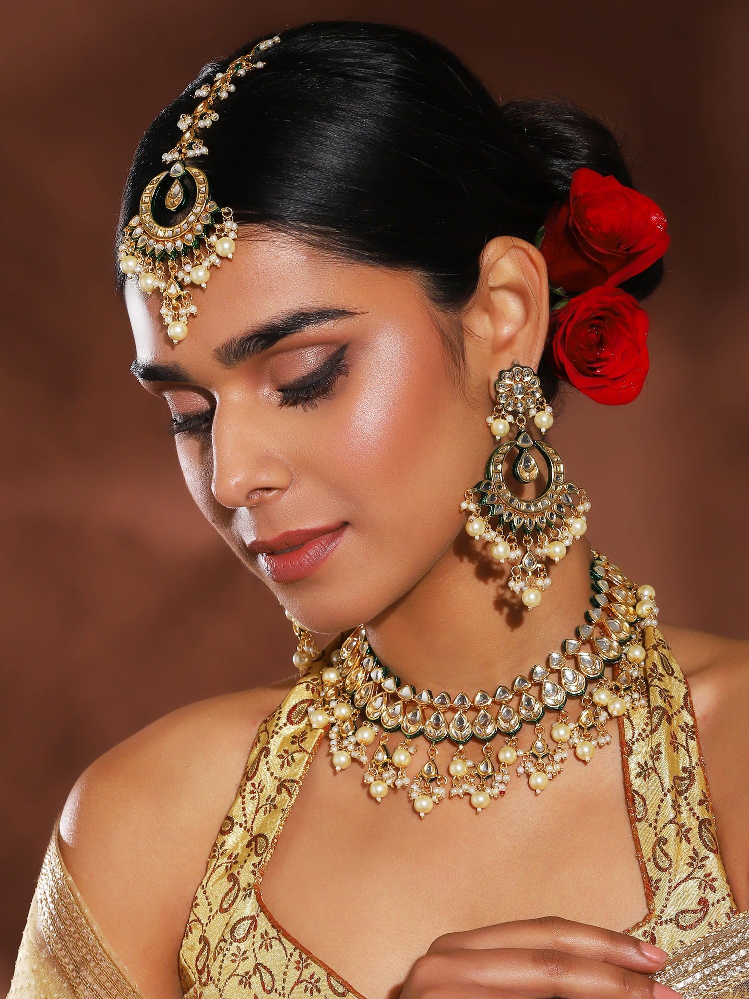 Women's Kundan Neckpiece With Earrings - Ruby Raang