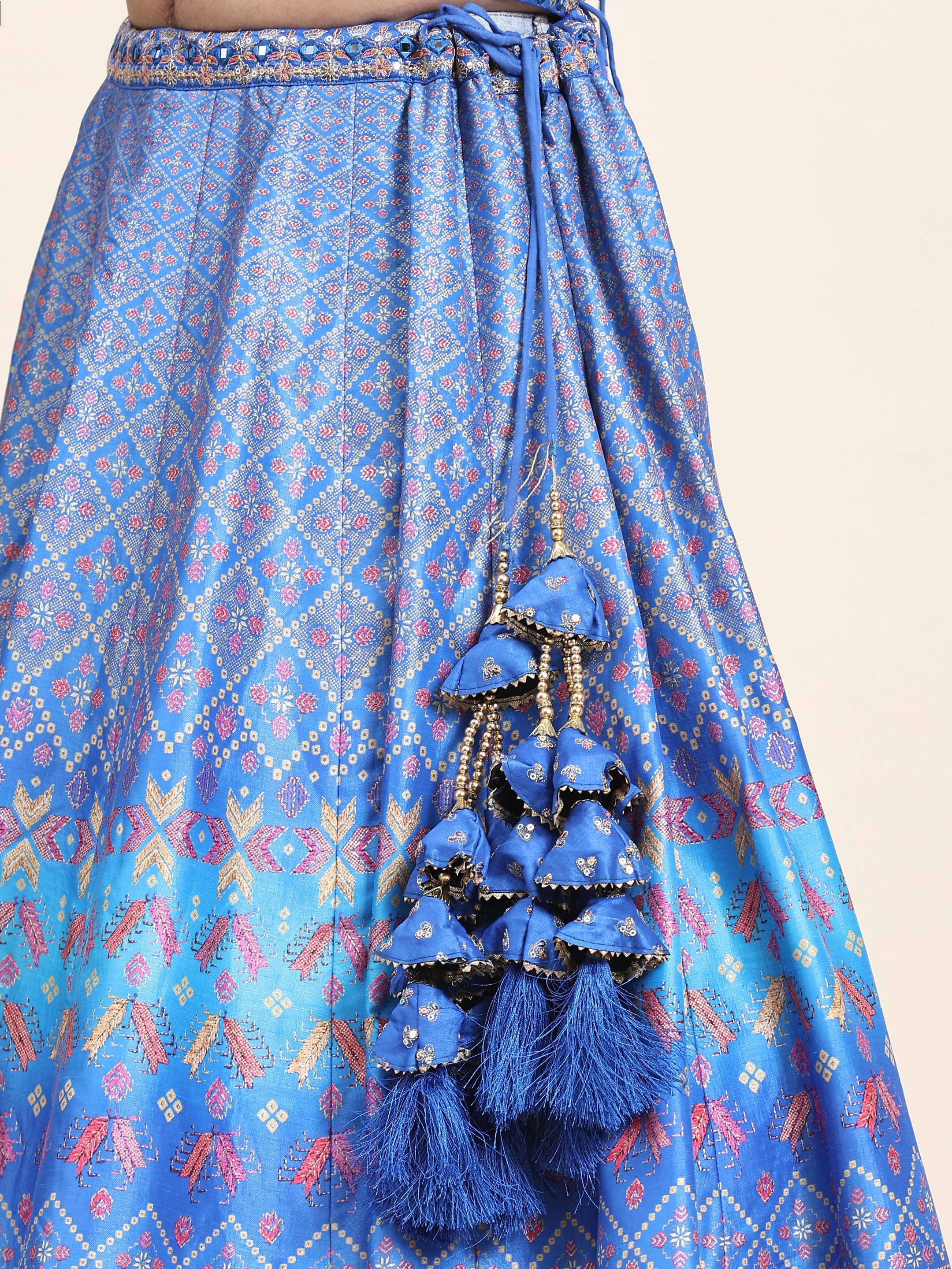Women's Blue Floral Lehenga Blouse with waistbelt set- 4pc set - Phenav