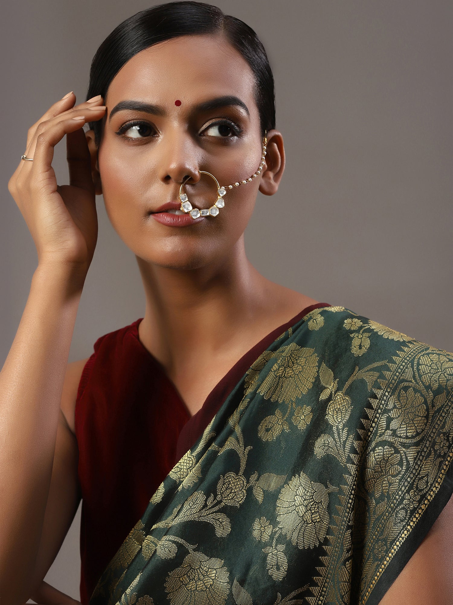 Kundan Stone Nose Ring With Chain By Ruby Raang