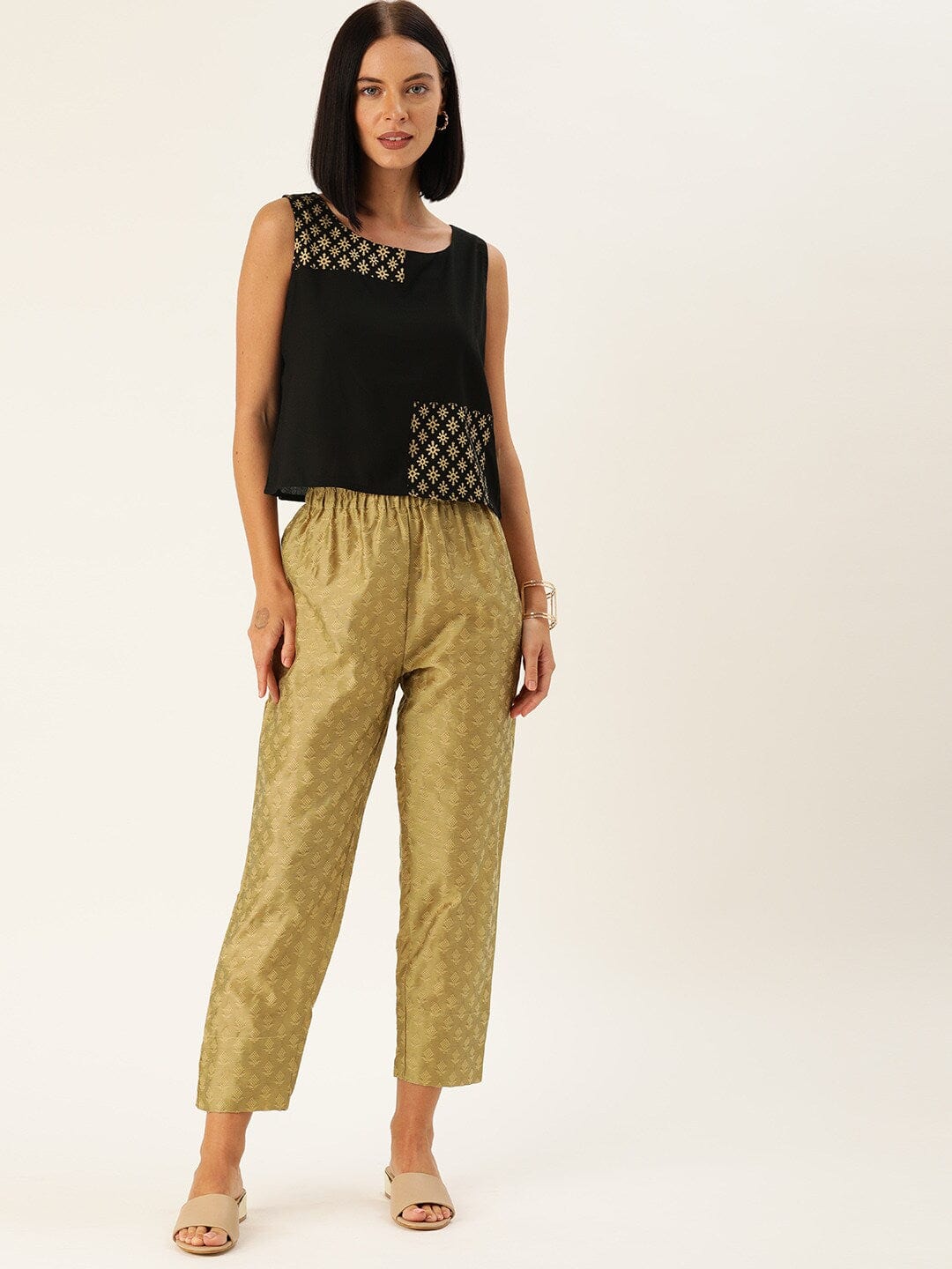 Women's Black & Gold-Toned Printed Top with Trousers - Varanga
