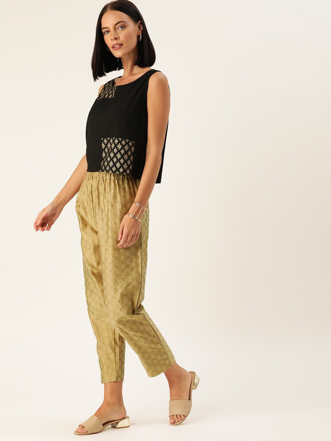 Women's Black & Gold-Toned Printed Top with Trousers - Varanga