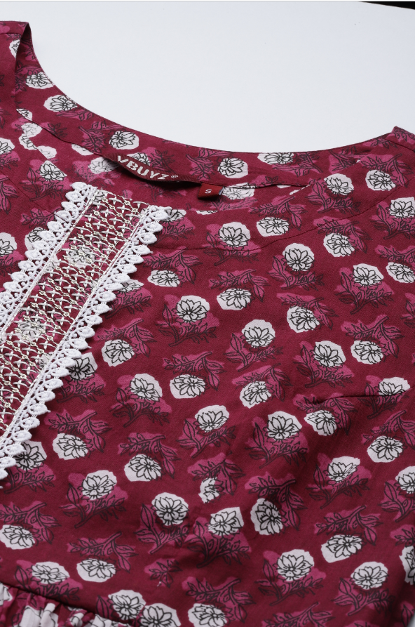 Women's Floral Printb & Lace Work Anarkali Cotton Dark Pink Stitched Kurta - Vbuyz