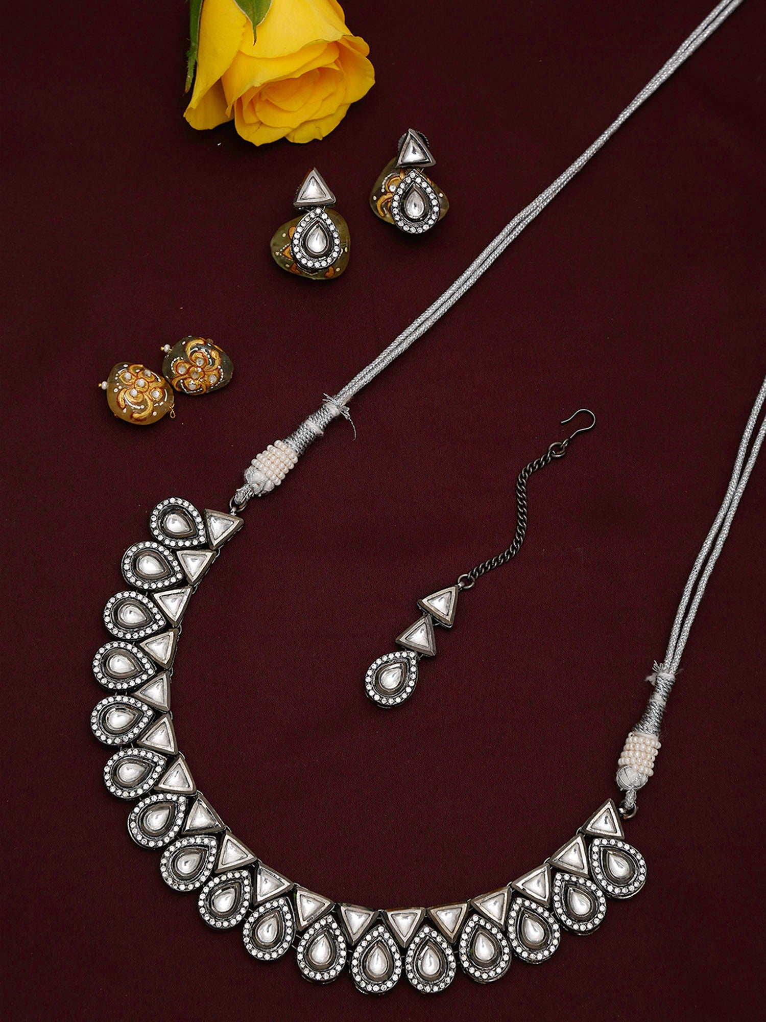 Women's Silver Kundan Choker with Earrings and Maang Tikka - Ruby Raang