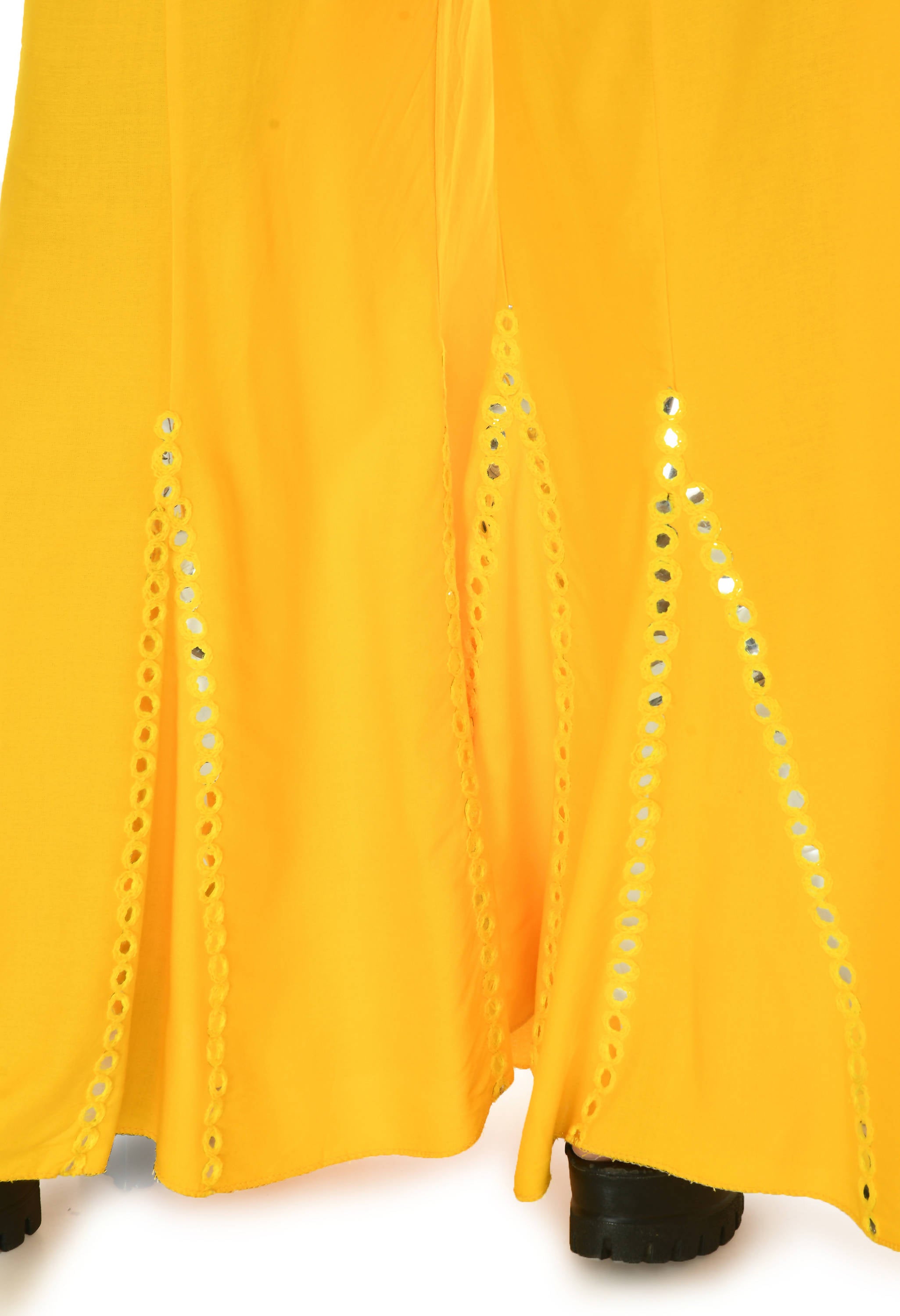 Women's Yellow Viscose Rayon Flared Palazzo With Mirror Lace Work Mfp031 - Moeza