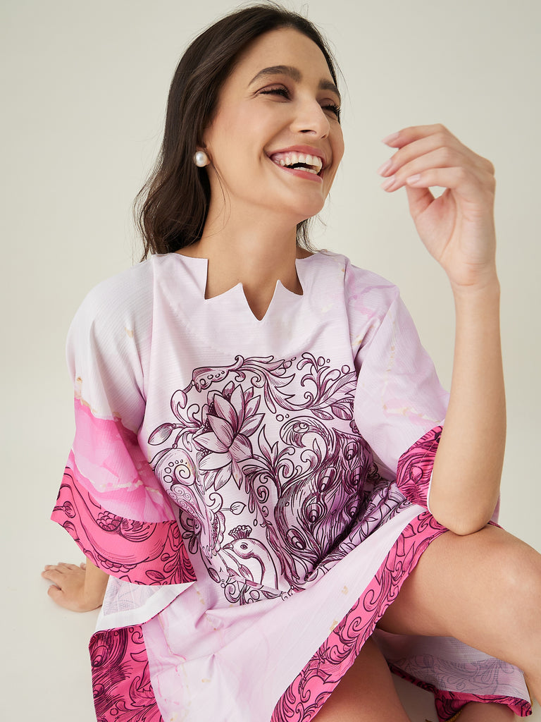 Women's Pink Tranquil Mandala Resort Kaftan with Back pin Tuck detailing