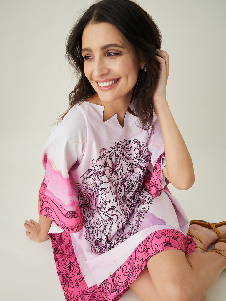Women's Pink Tranquil Mandala Resort Kaftan with Back pin Tuck detailing