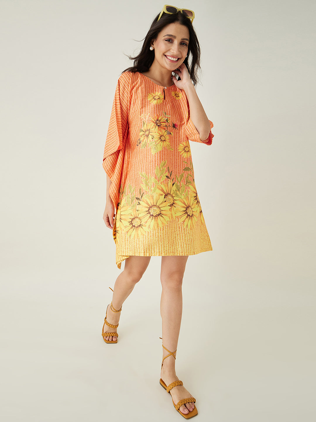 Women's Orange Sunflowr Bliss Resorty Kaftan with Keyhole Neck and Innovative one sleeve detailing - The Kaftan Company