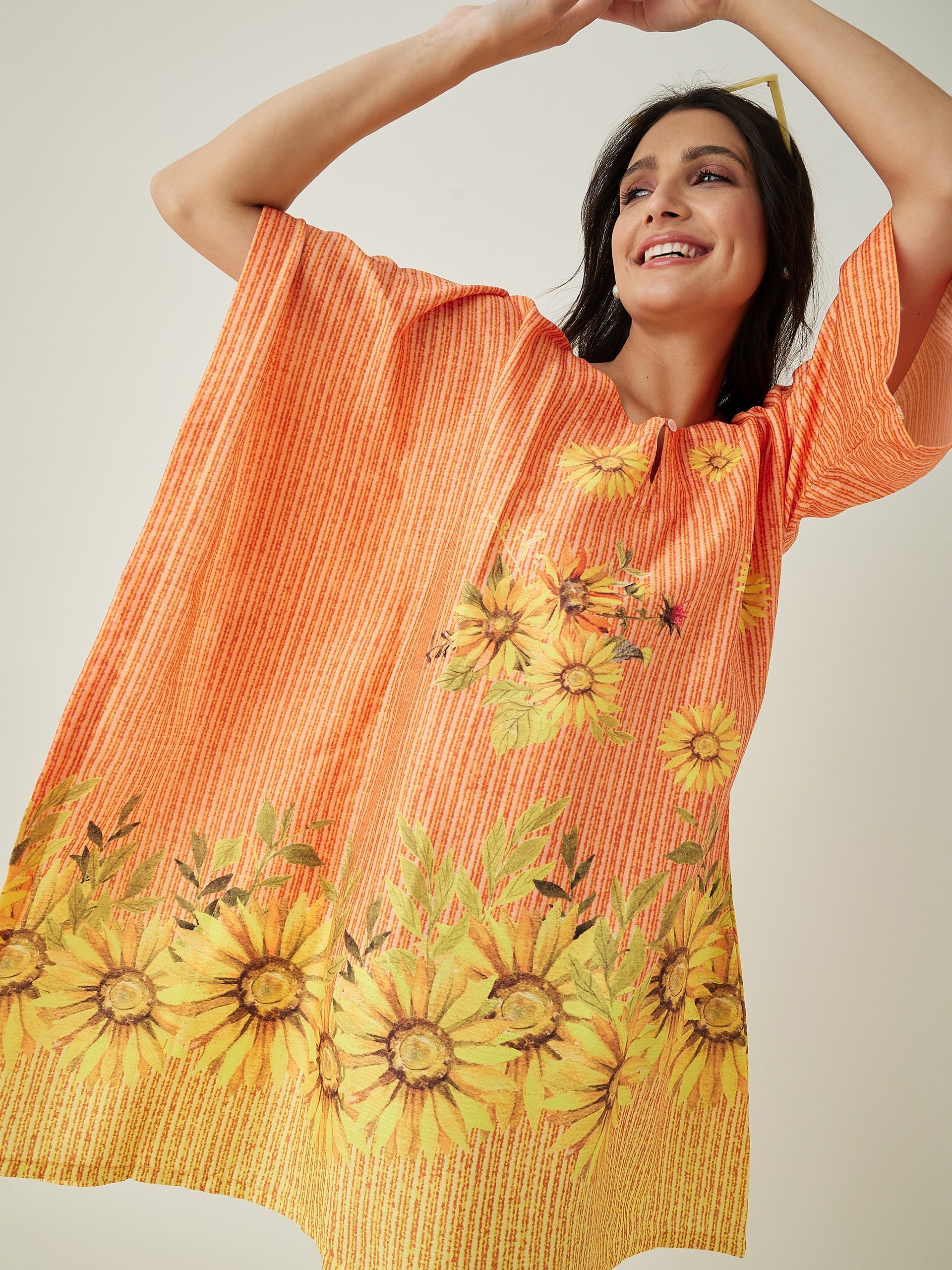 Women's Orange Sunflowr Bliss Resorty Kaftan with Keyhole Neck and Innovative one sleeve detailing - The Kaftan Company