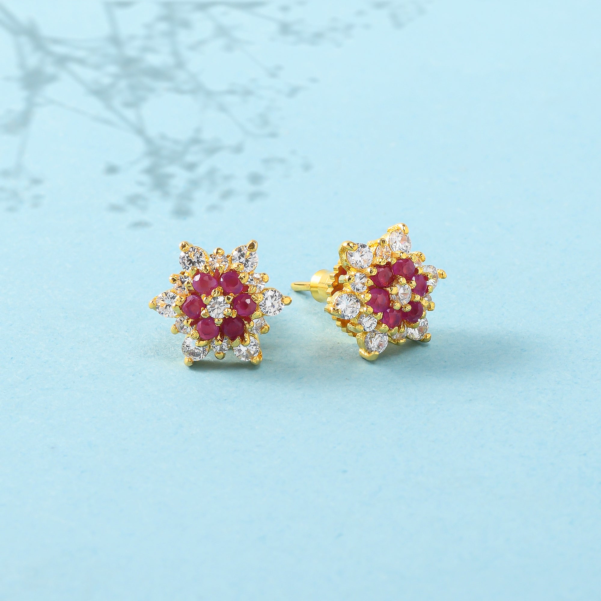 Women's Floral Motif Red Cz Stud Earrings - Voylla