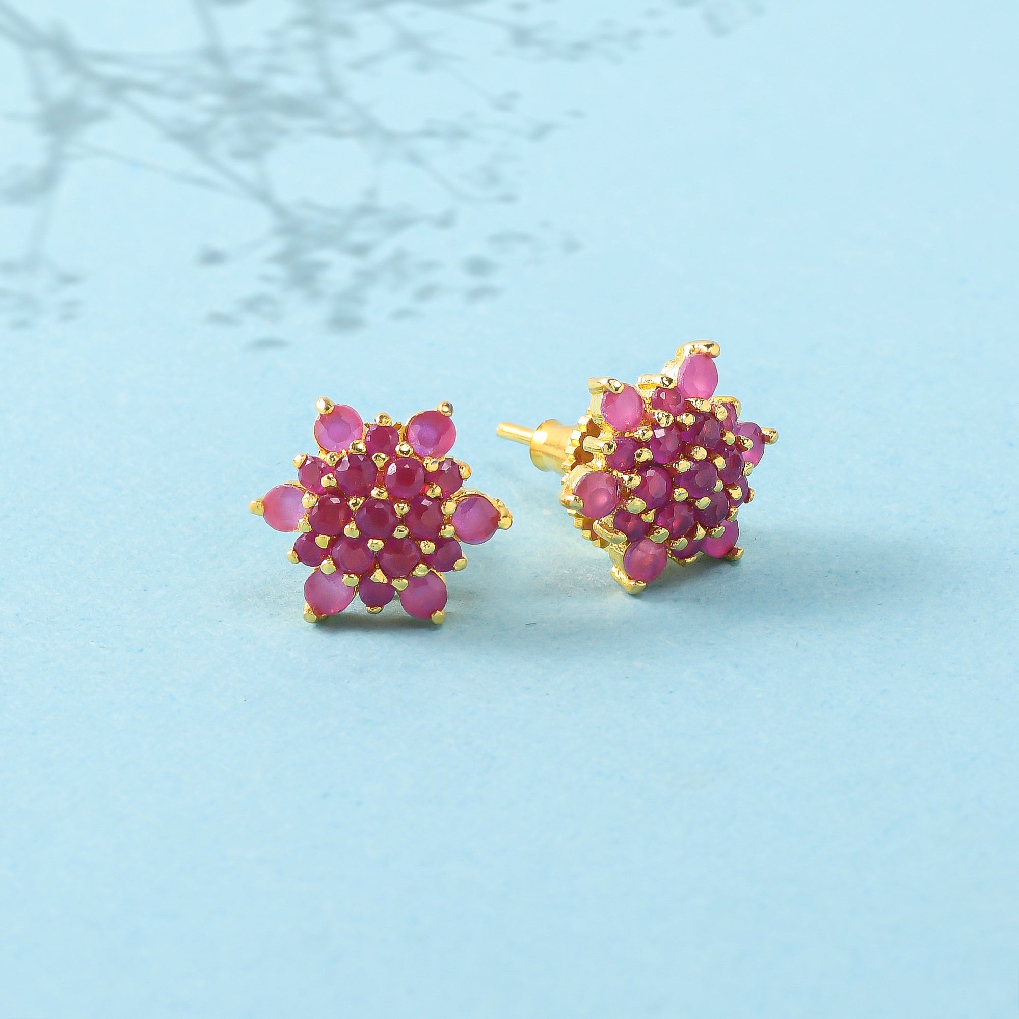 Women's Pink Zircon Gems Floral Stud Earrings - Voylla