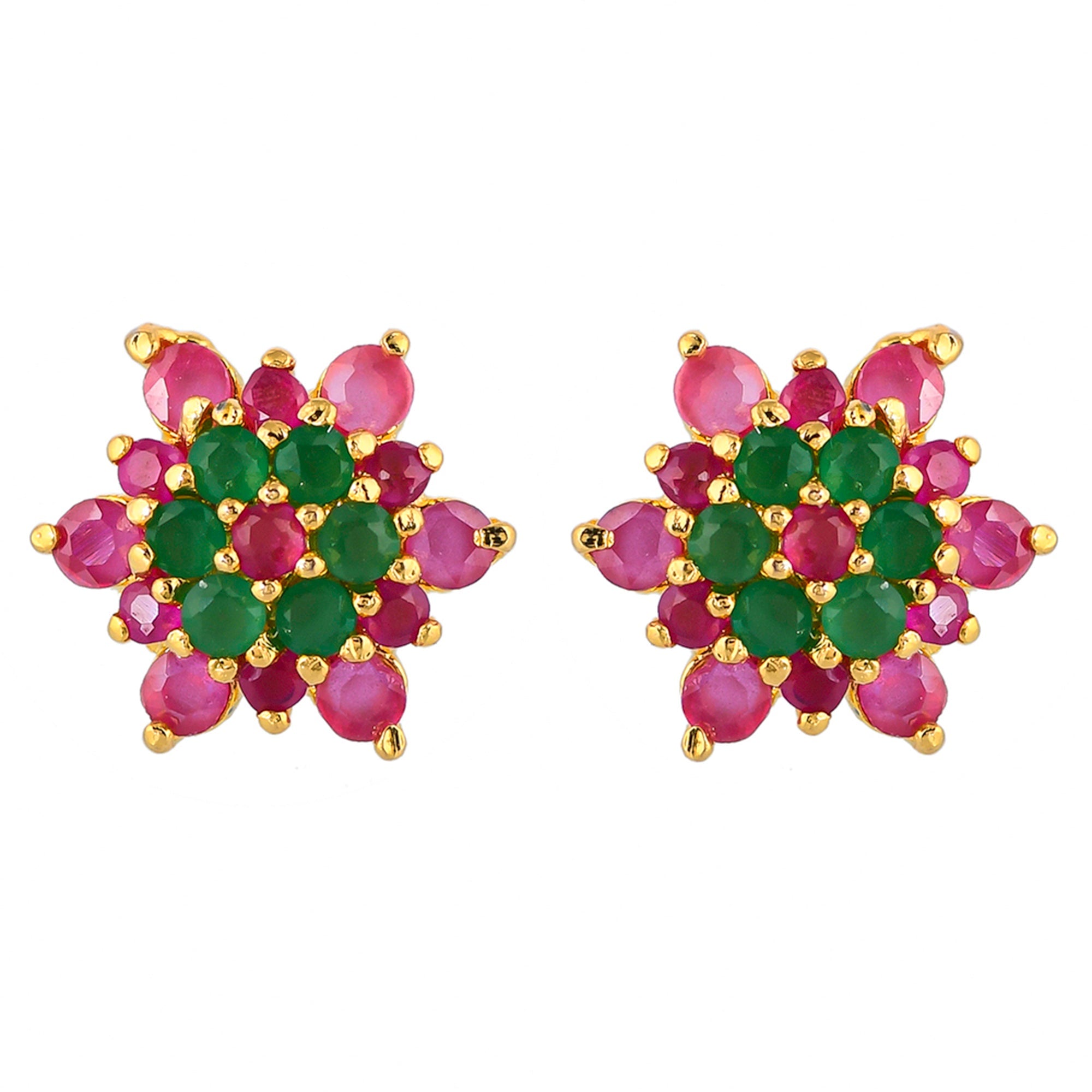 Women's Green And Pink Round Cut Cz Stud Earrings - Voylla