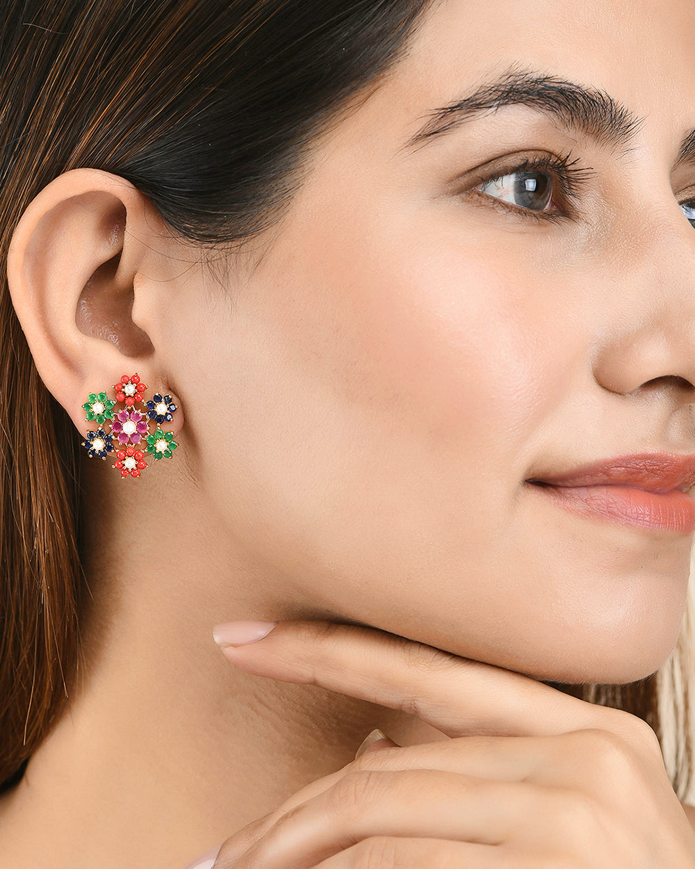 Women's Multicoloured Zircons Floral Stud Earrings - Voylla