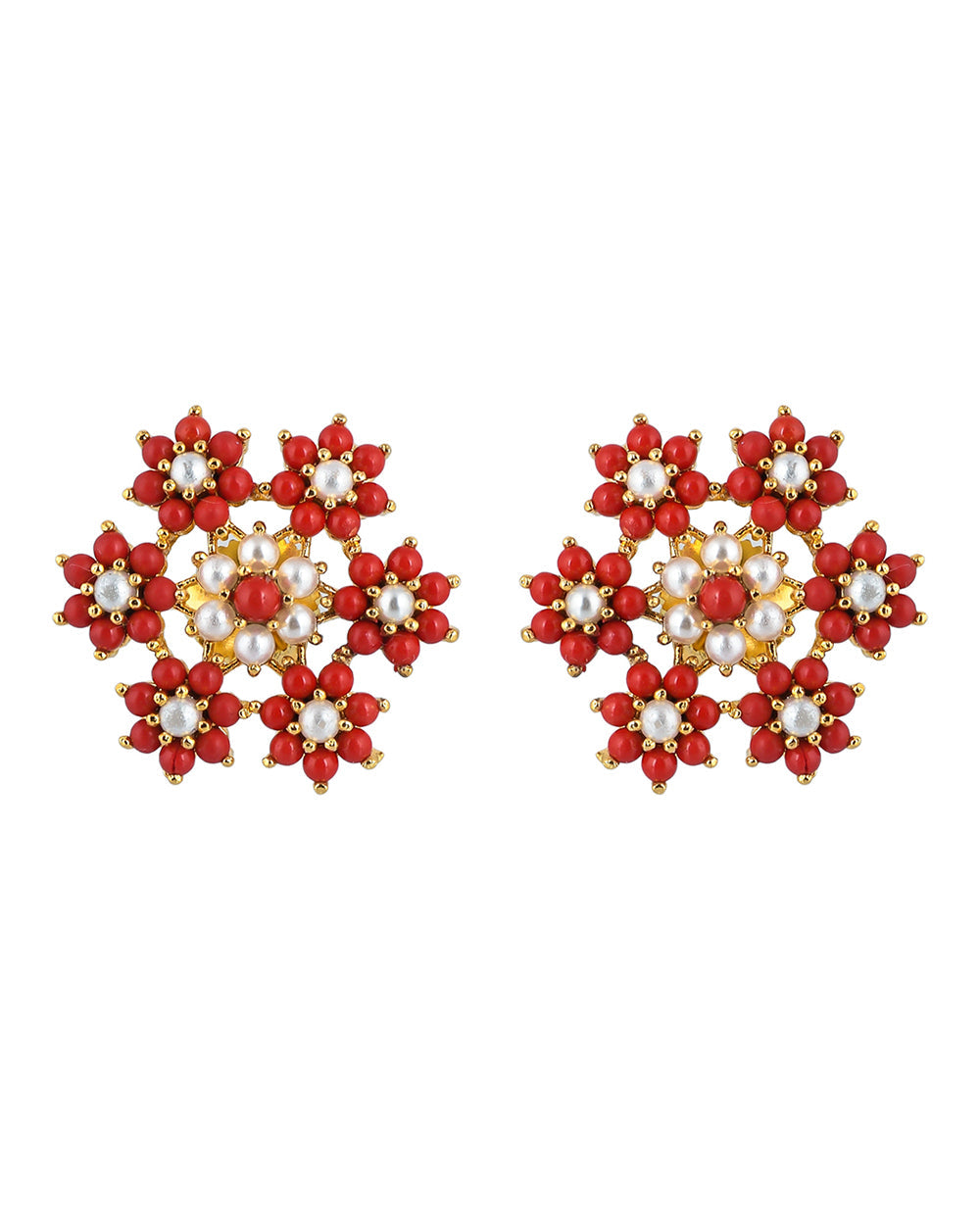 Women's Red Cz Floral Pearl Beaded Bunch Stud Earrings - Voylla