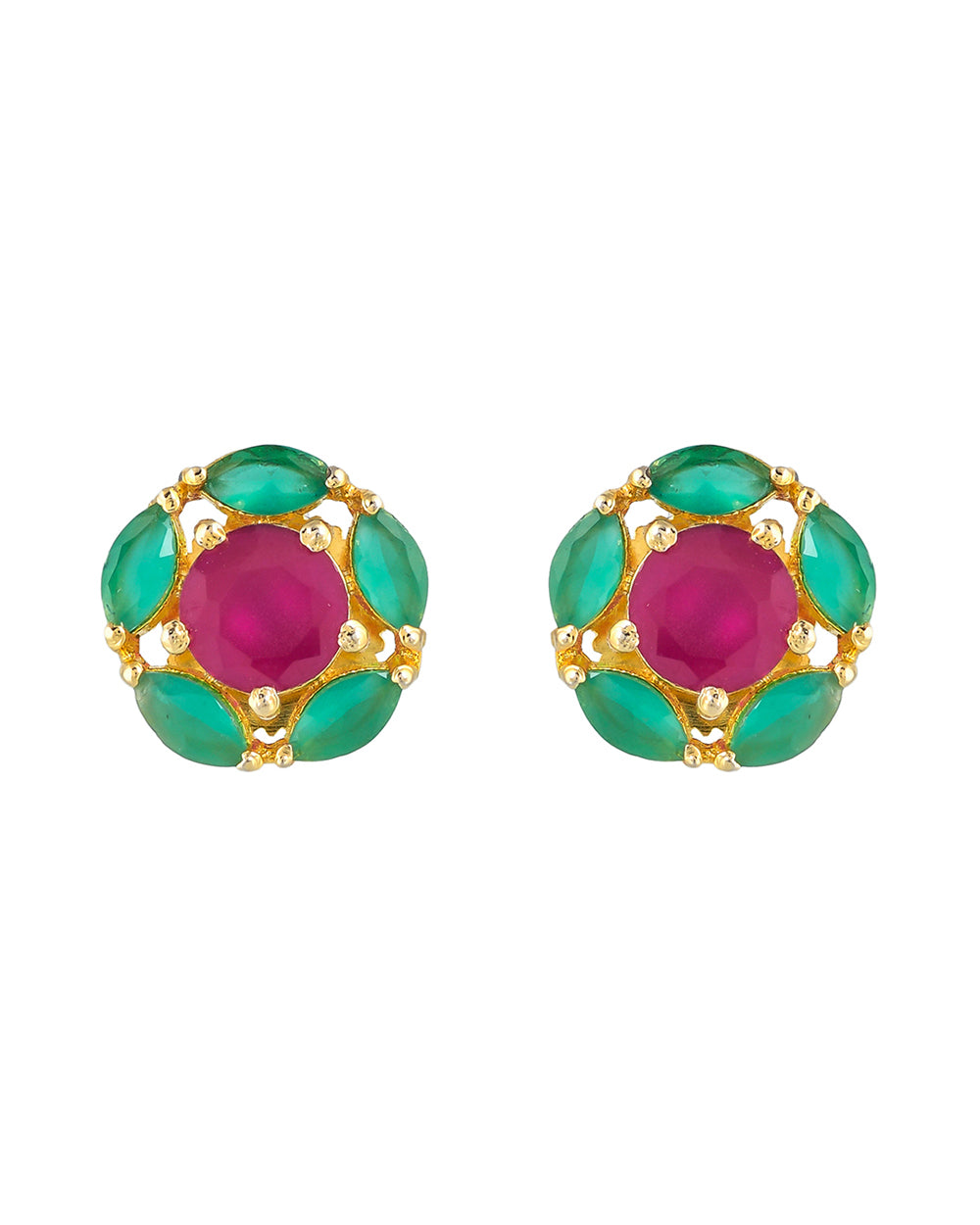 Women's Round Cut Green And Pink Cz Stud Earrings - Voylla