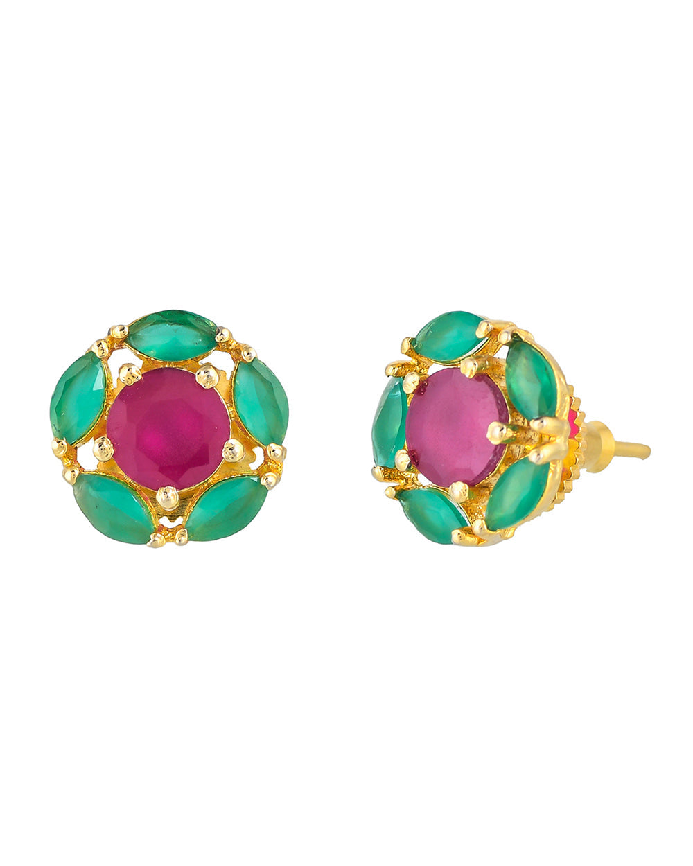 Women's Round Cut Green And Pink Cz Stud Earrings - Voylla