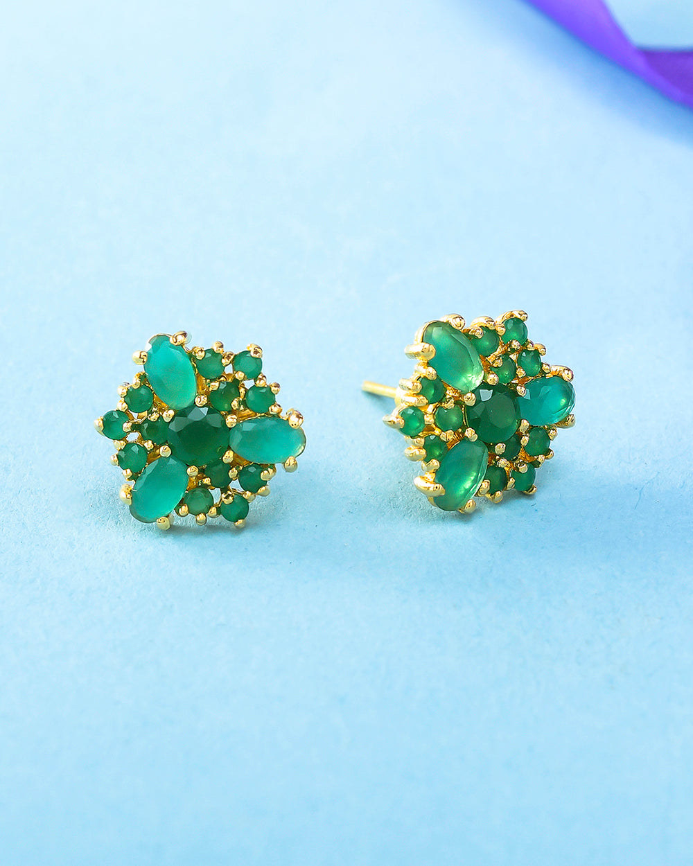 Women's Tiny Green Cz Gems Round Stud Earrings - Voylla
