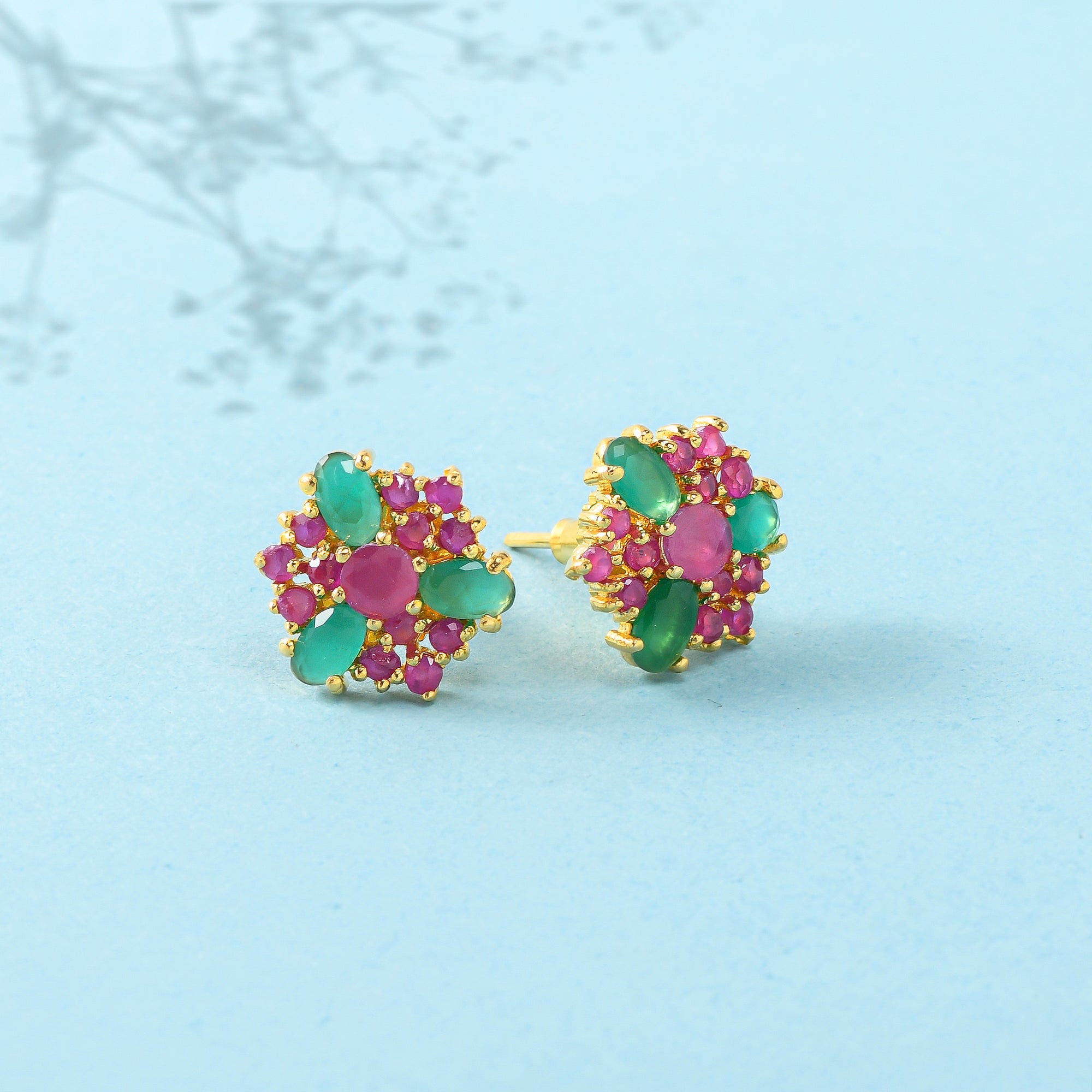 Women's Cluster Setting Green And Red Cz Stud Earrings - Voylla