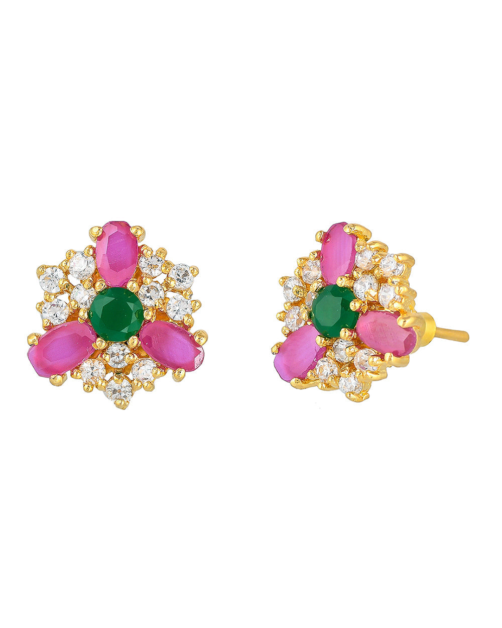 Women's Pink And Green Cz Stud Earrings - Voylla