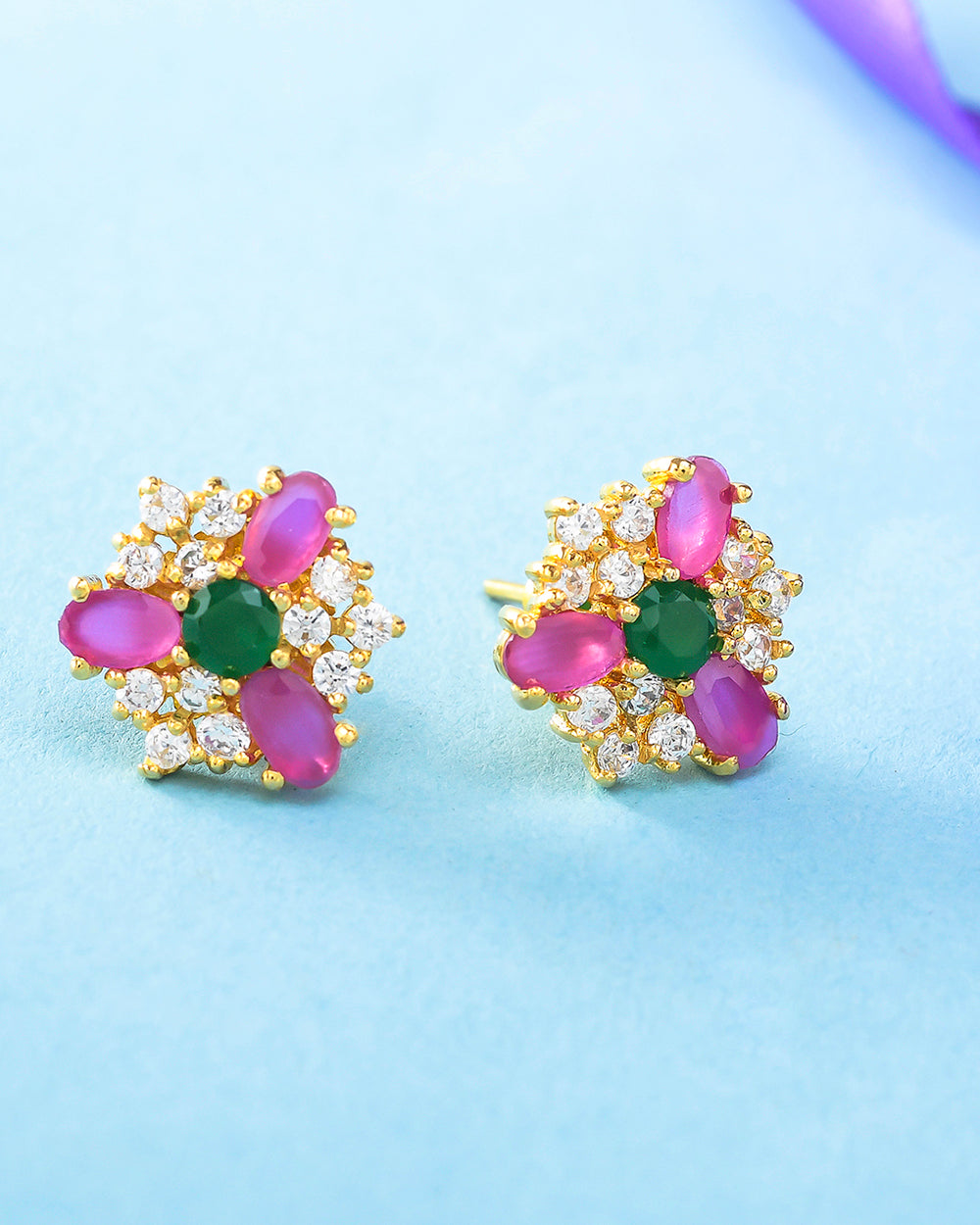 Women's Pink And Green Cz Stud Earrings - Voylla