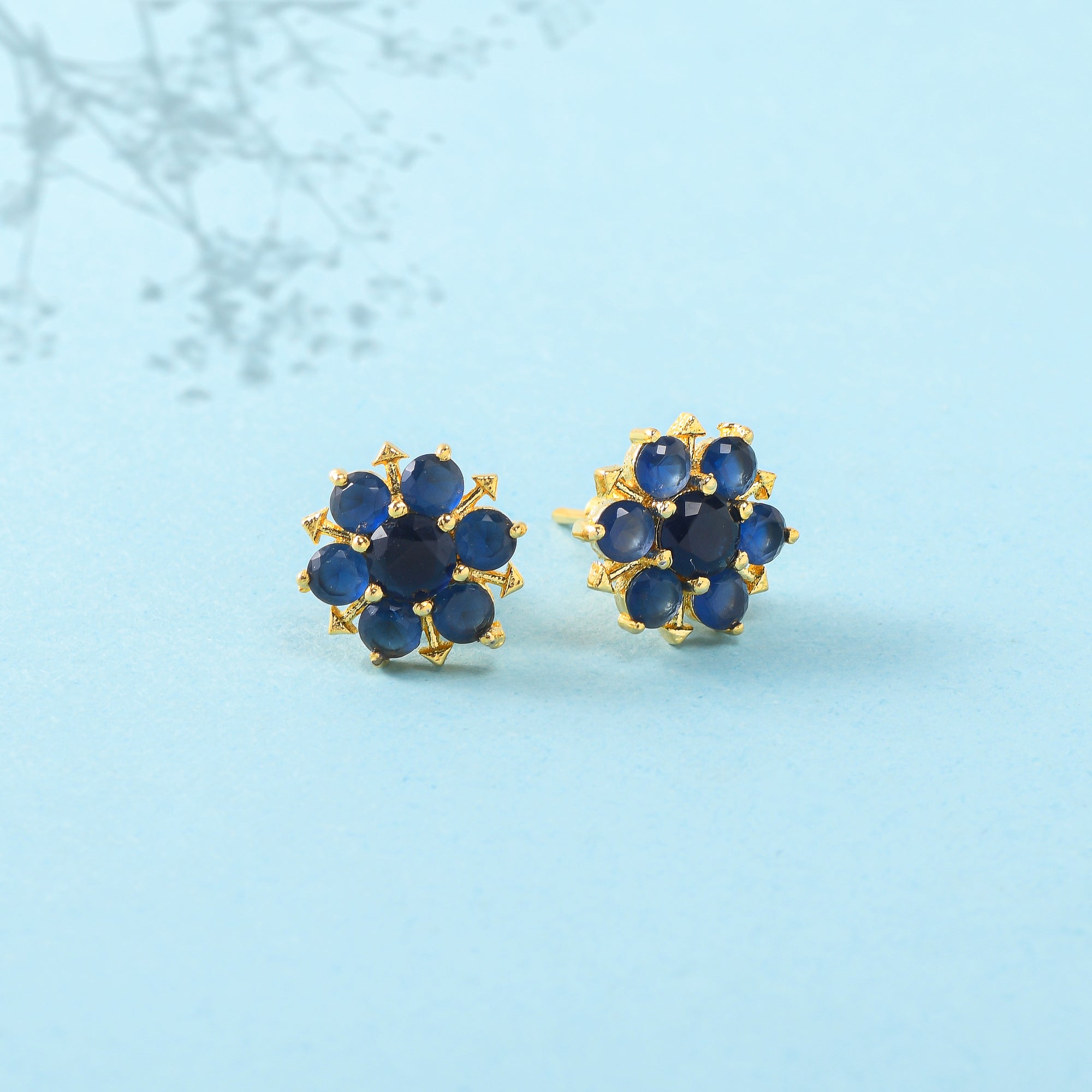 Women's Spokes Blue Cz Gold Plated Stud Earrings - Voylla
