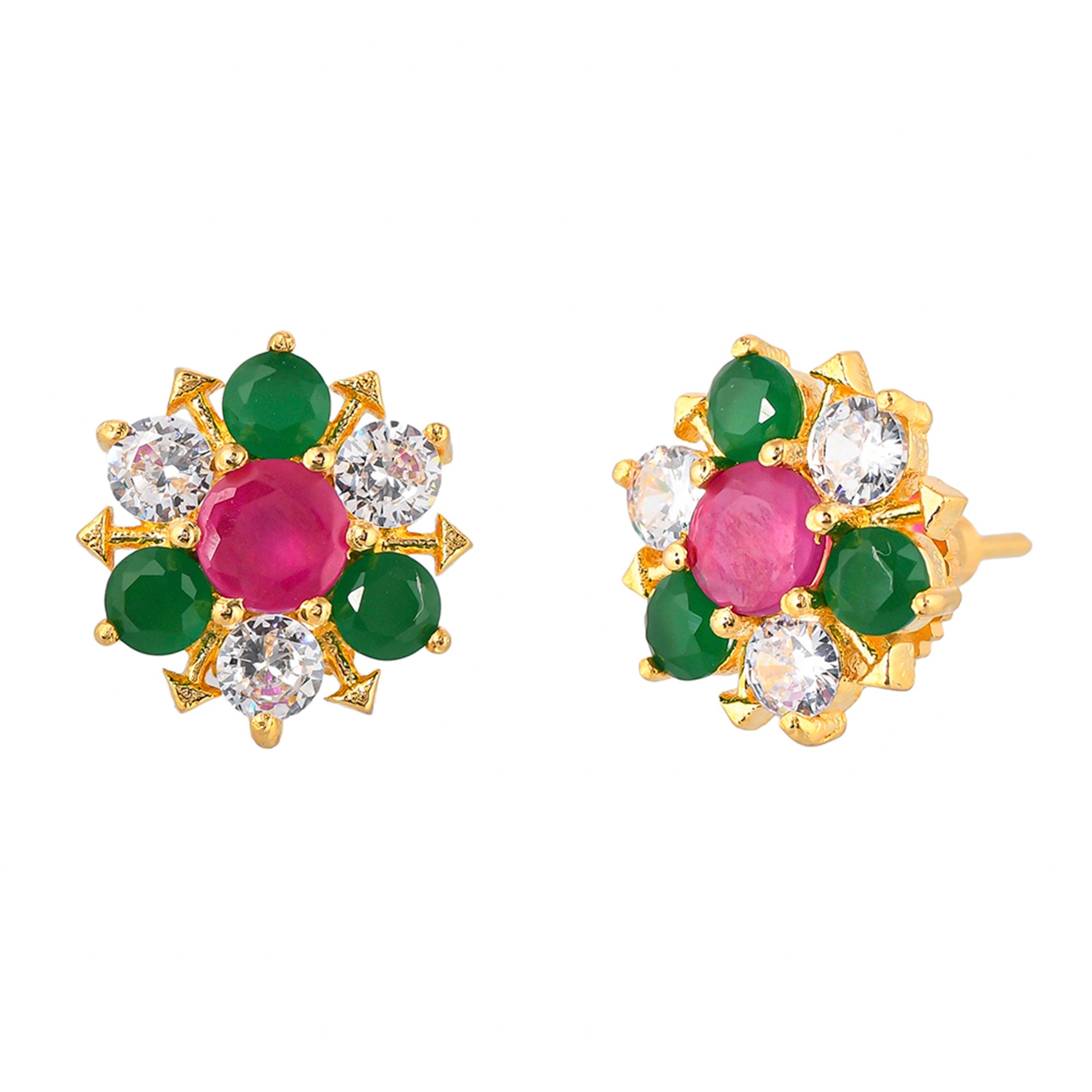 Women's Minimalistic Green And Pink Cz Stud Earrings - Voylla