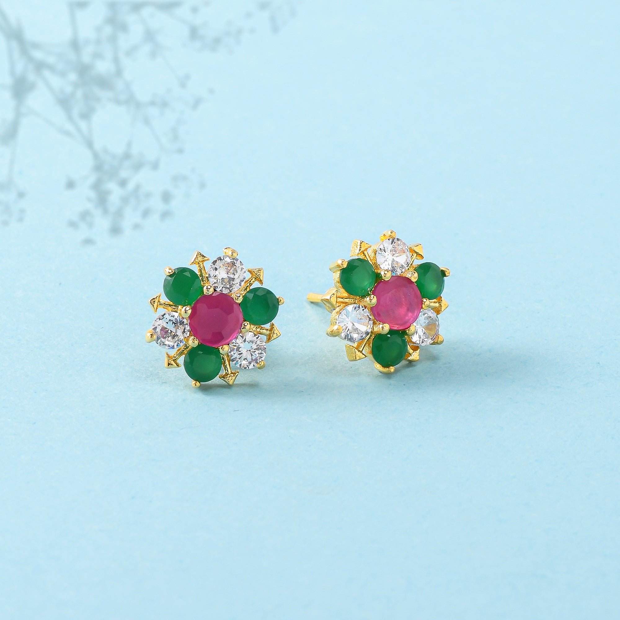 Women's Minimalistic Green And Pink Cz Stud Earrings - Voylla