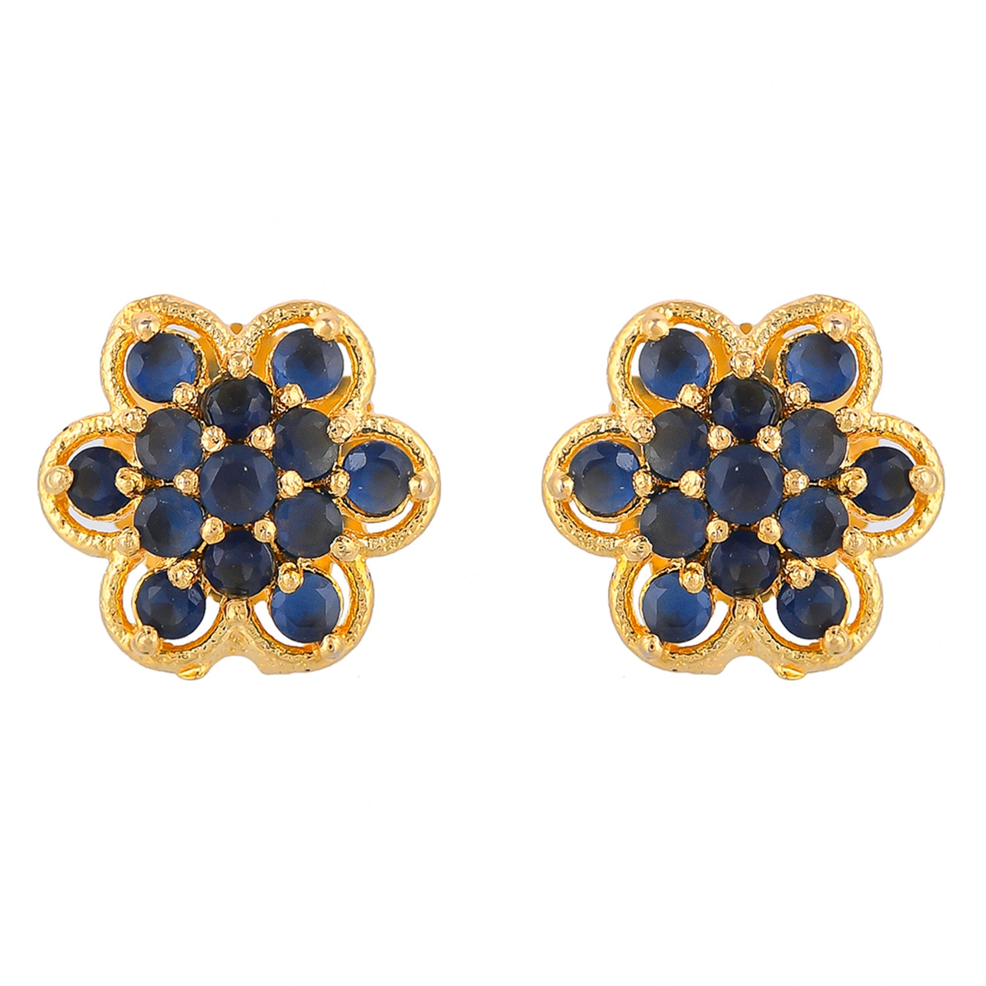 Women's Blue Round Cut Cz Floral Stud Earrings - Voylla