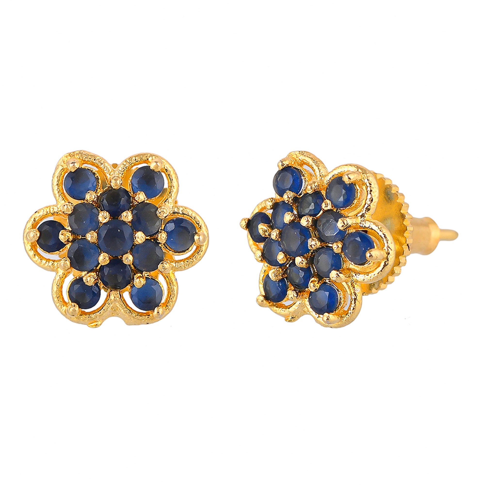 Women's Blue Round Cut Cz Floral Stud Earrings - Voylla