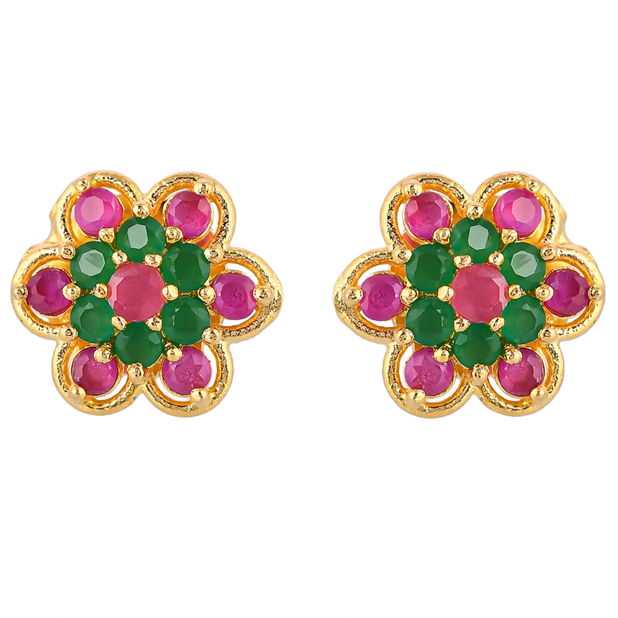 Women's Floral Pink And Green Cz Stud Earrings - Voylla