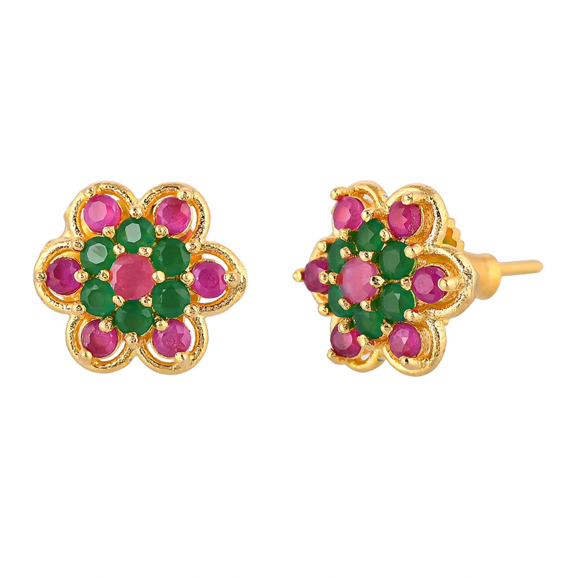 Women's Floral Pink And Green Cz Stud Earrings - Voylla