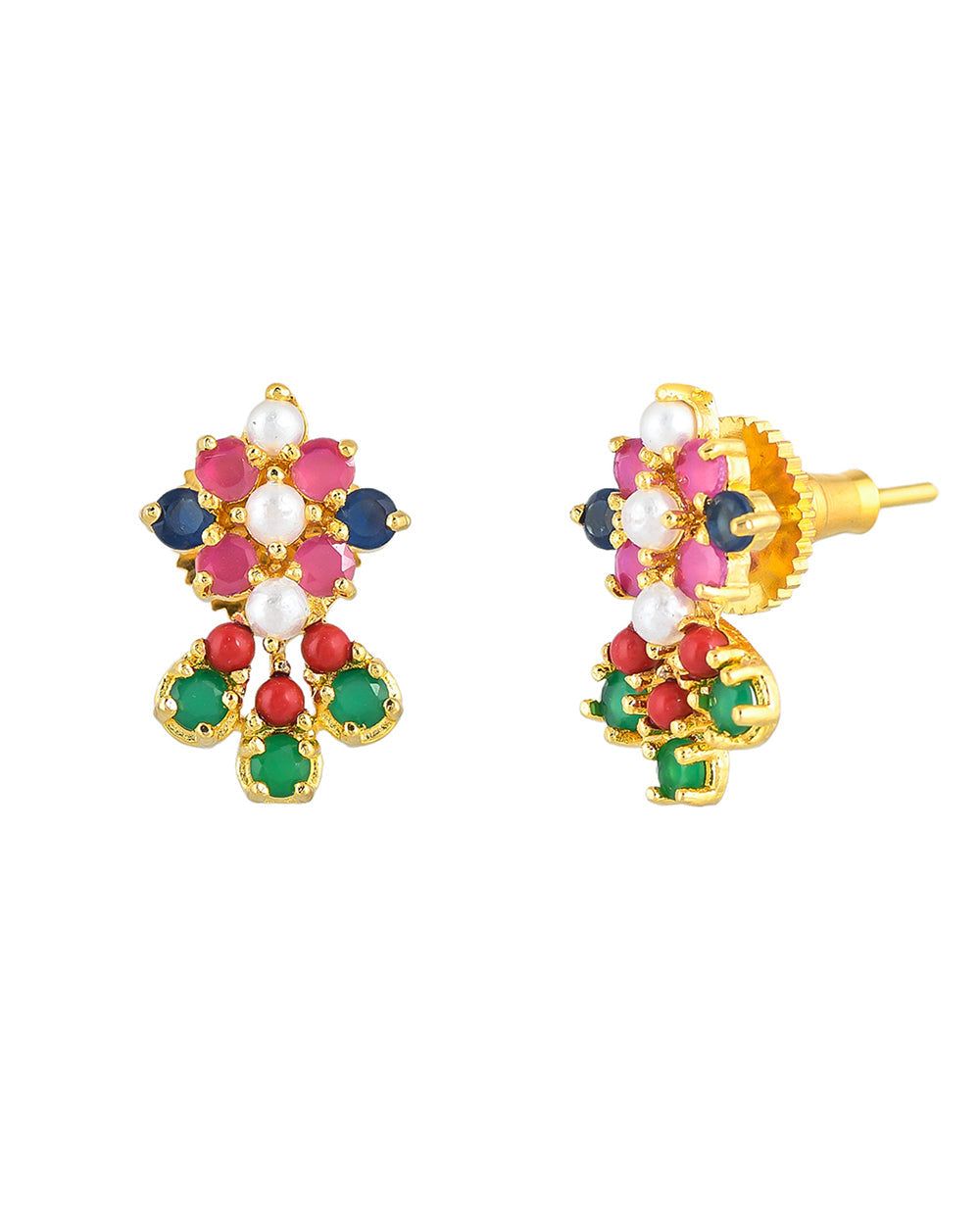 Women's Green And Pink Teardrop Cut Cz Stud Earrings - Voylla