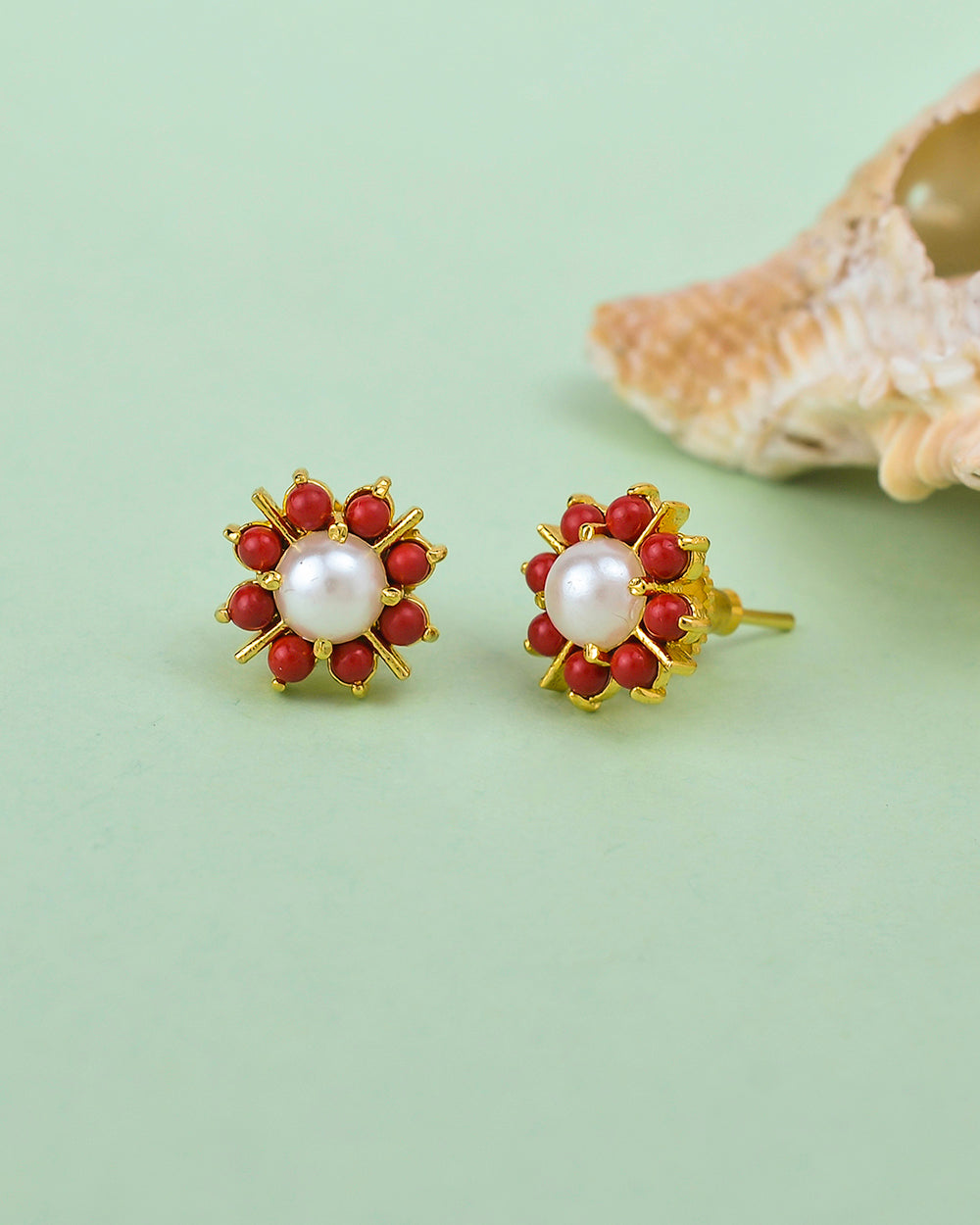 Women's White And Red Beaded Stud Earrings - Voylla