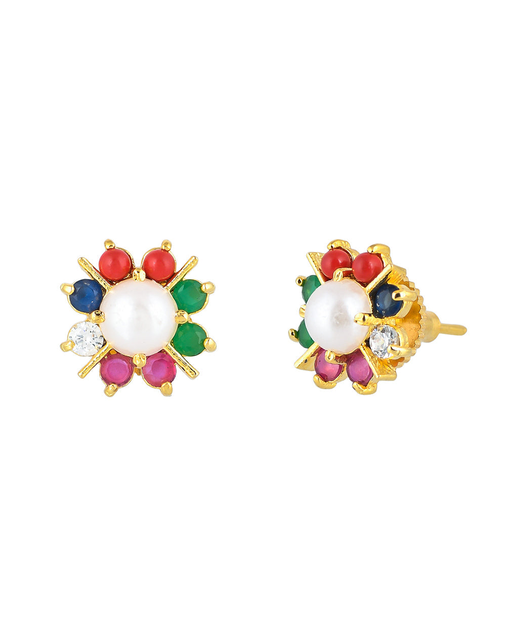 Women's Round Cut Coloured Cz And White Pearl Stud Earrings - Voylla