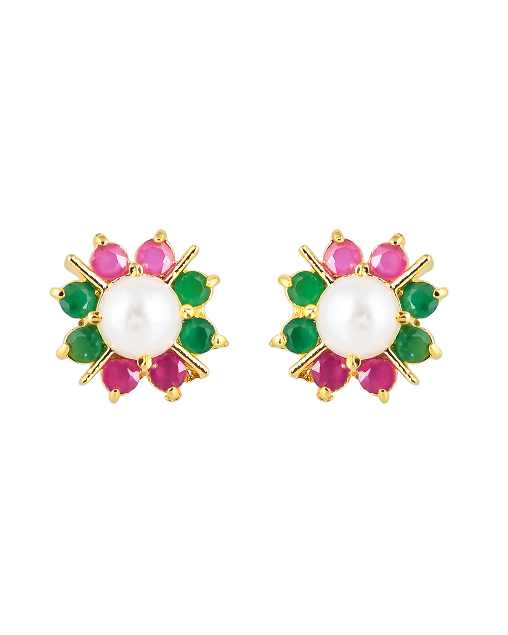 Women's Round Cut Multicoloured Cz And White Pearl Stud Earrings - Voylla