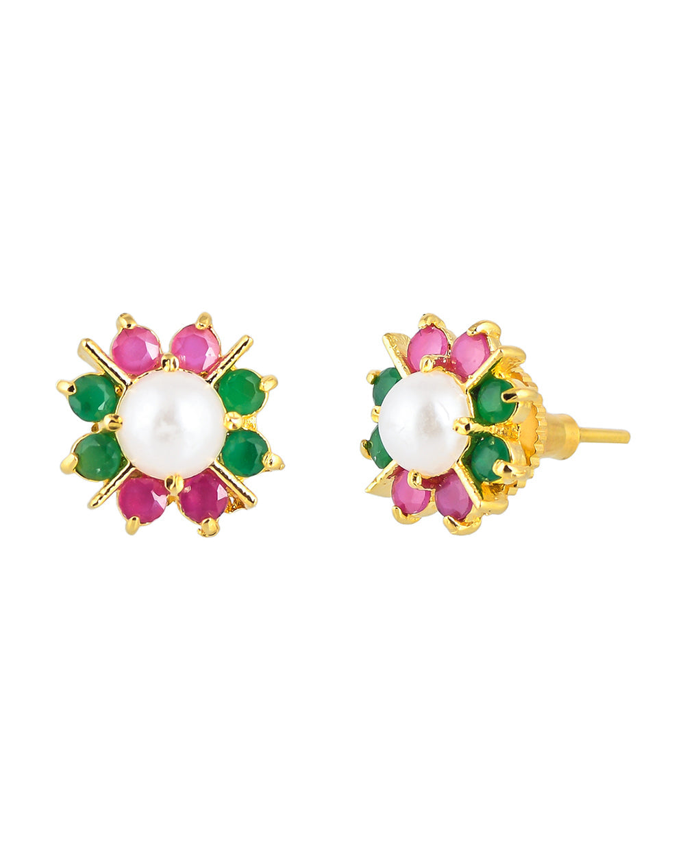 Women's Round Cut Multicoloured Cz And White Pearl Stud Earrings - Voylla